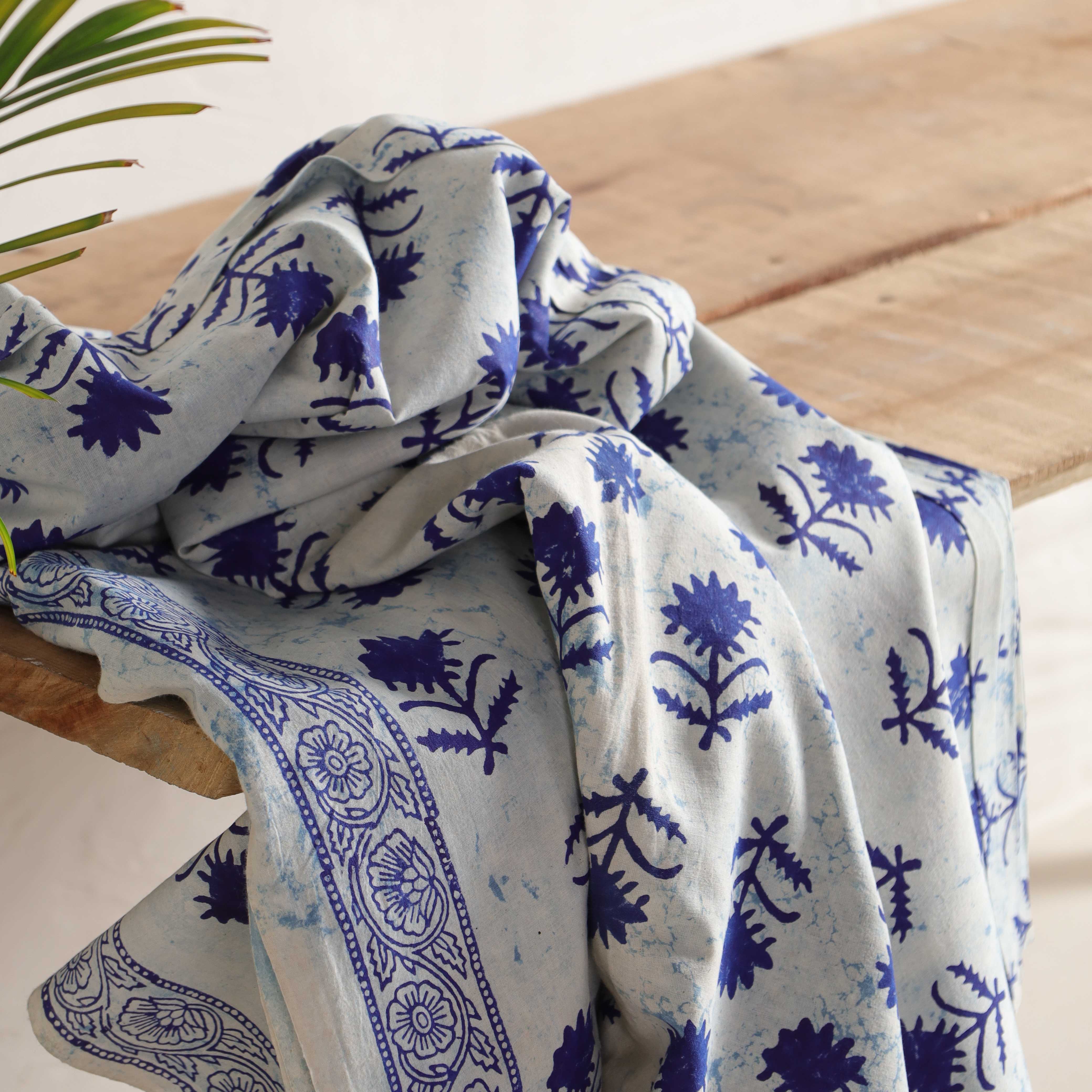 (1 Yard) Indigo Floral Vine Hand-Block Printed Cotton Fabric – 42" Width