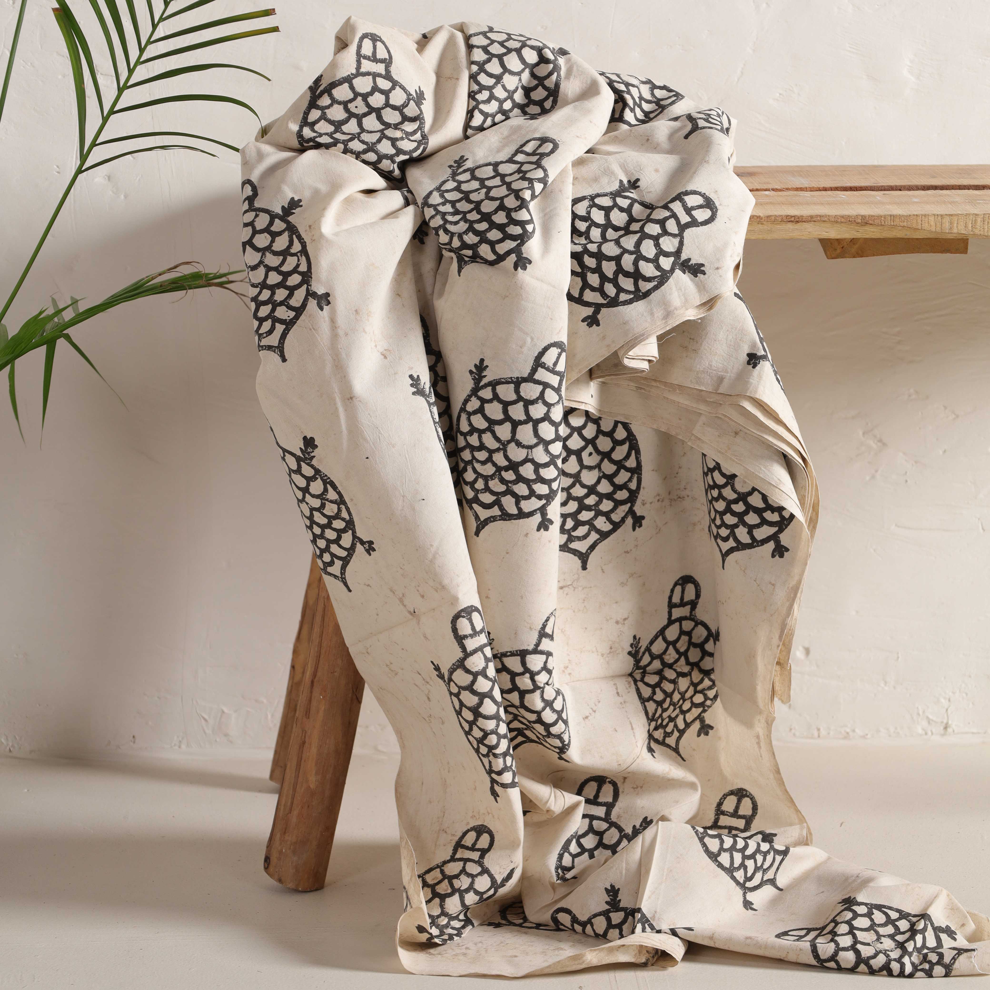 (1 Yard) Artisanal Tortoise Silhouette Hand-Block Printed Cotton – Bone White & Charcoal