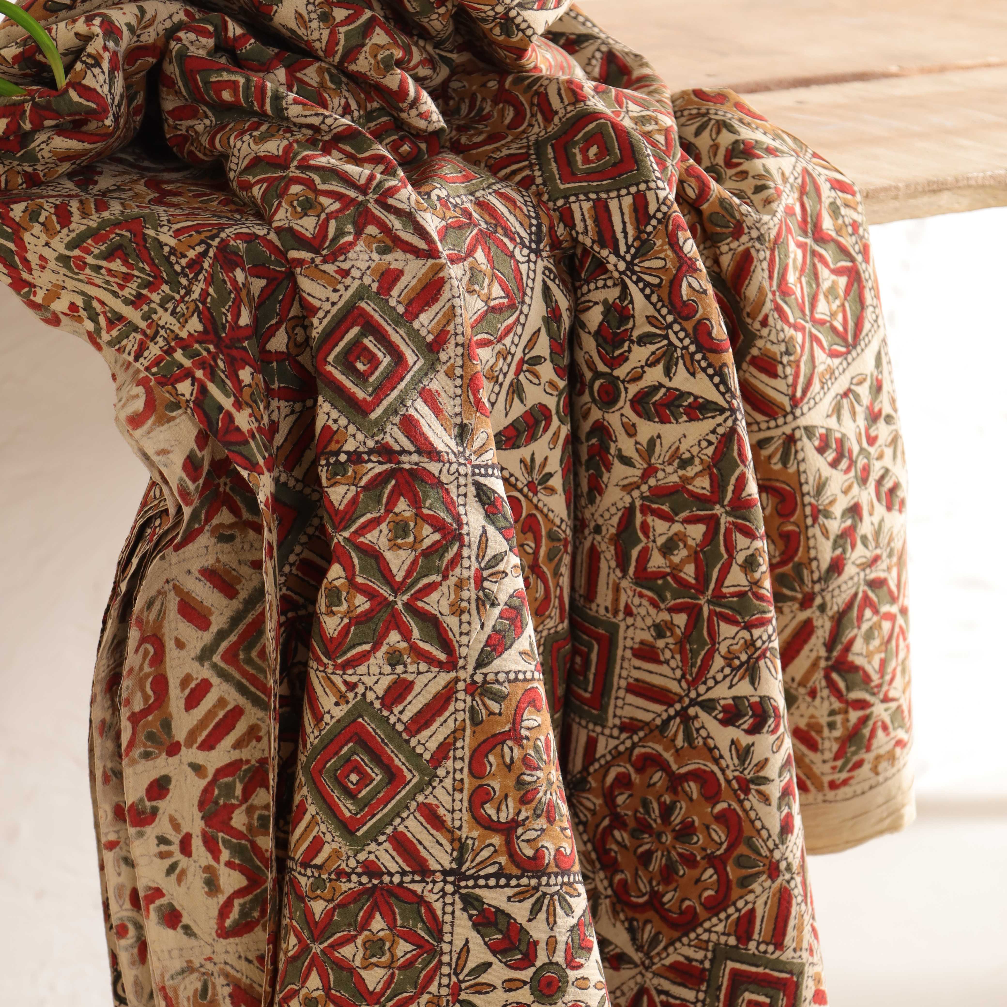 (1 Yard) Heritage Floral Hand-Block Printed Cotton – Crimson Red & Lavender