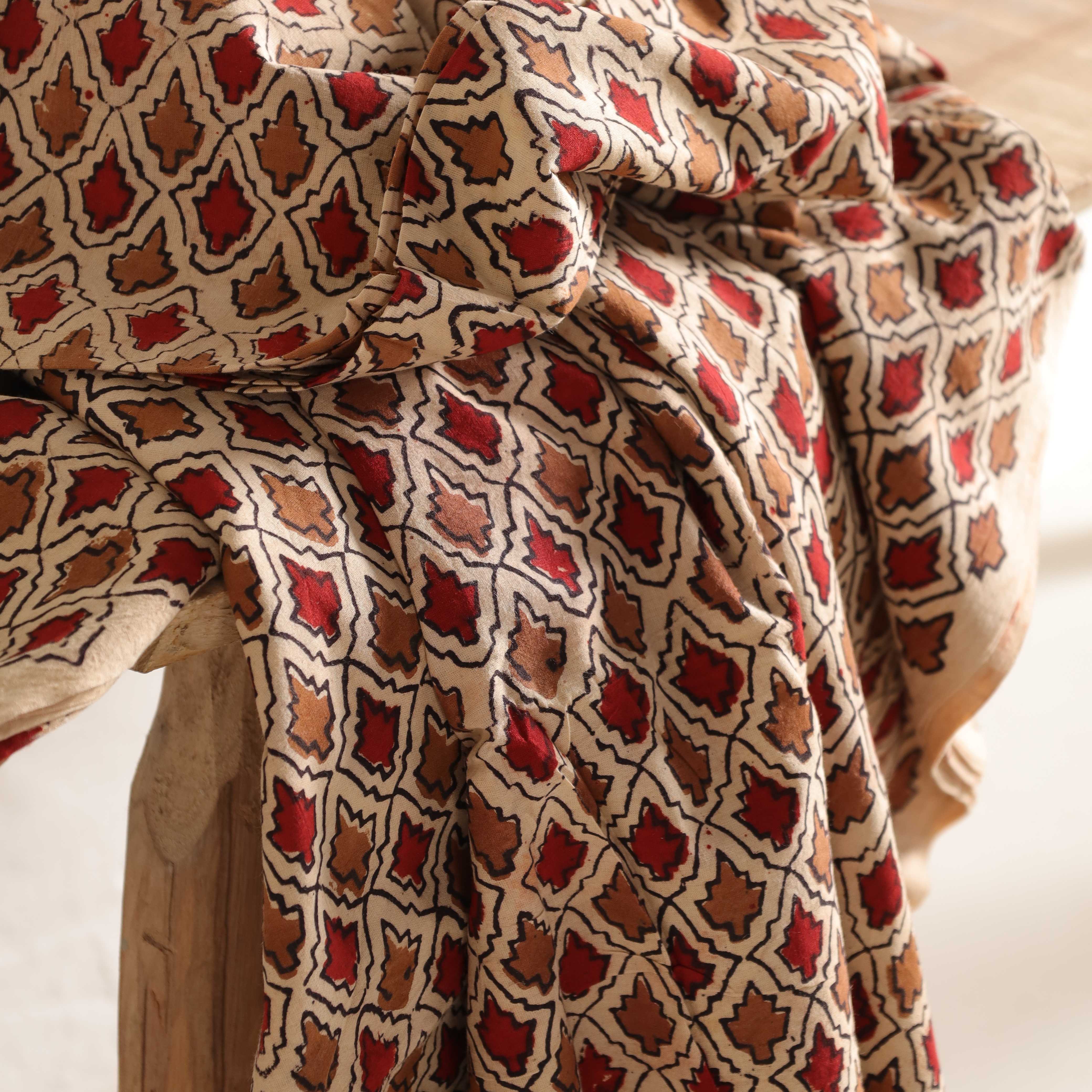 (1 Yard) Artisanal Crimson & Lavender Floral Hand-Block Printed Cotton