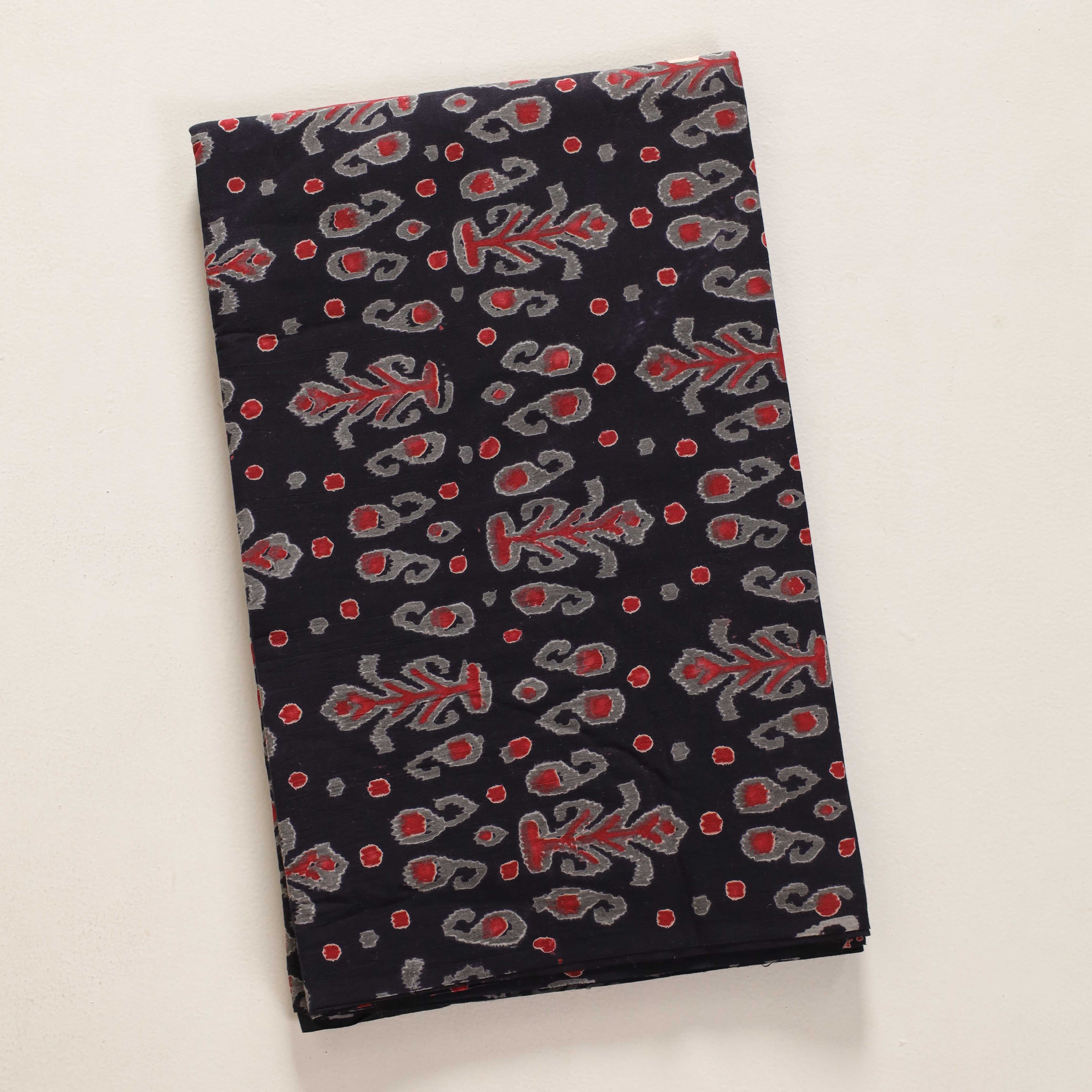 (1 Yard) Artisanal Jet Black Ikat-Style Hand-Block Printed Cotton