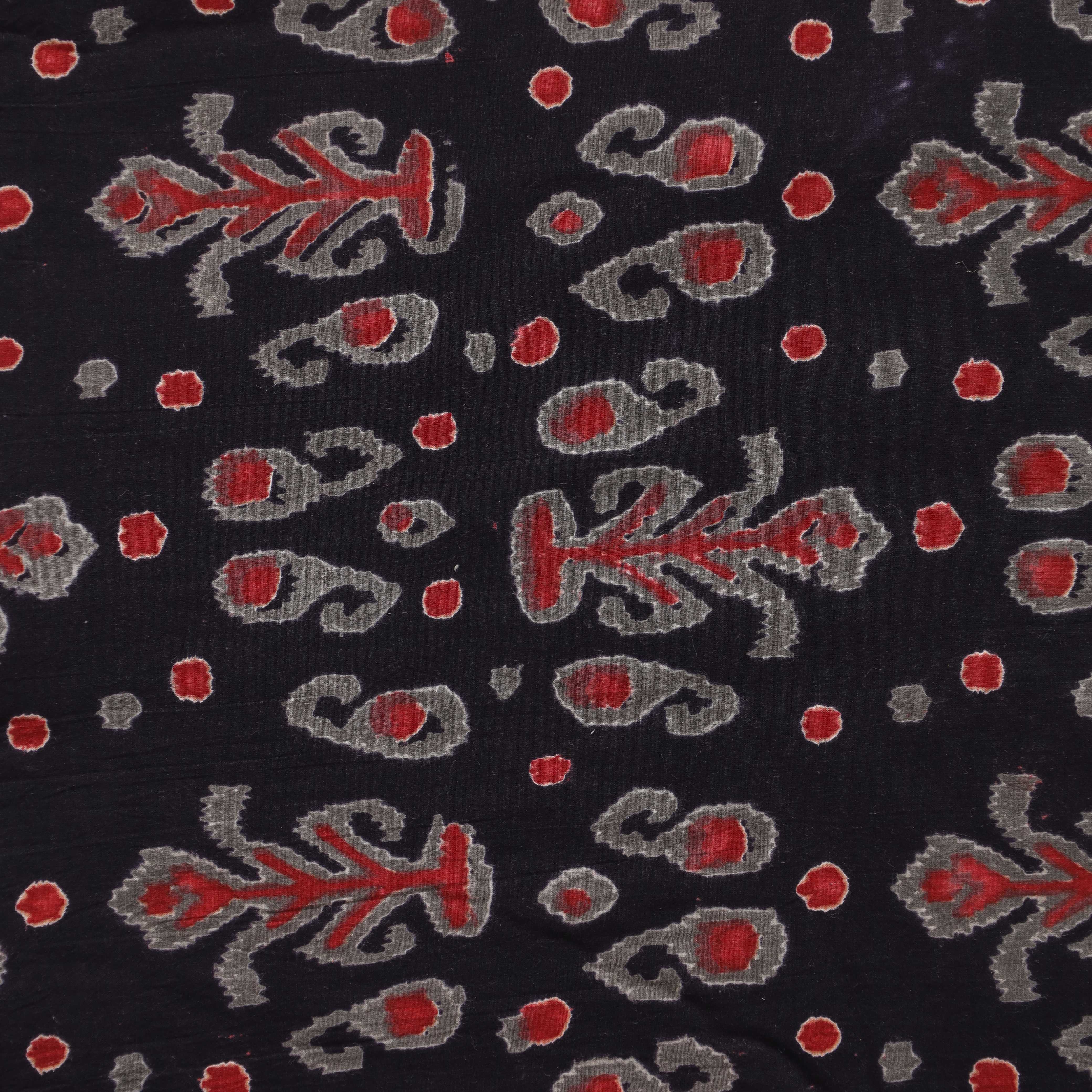 (1 Yard) Artisanal Jet Black Ikat-Style Hand-Block Printed Cotton