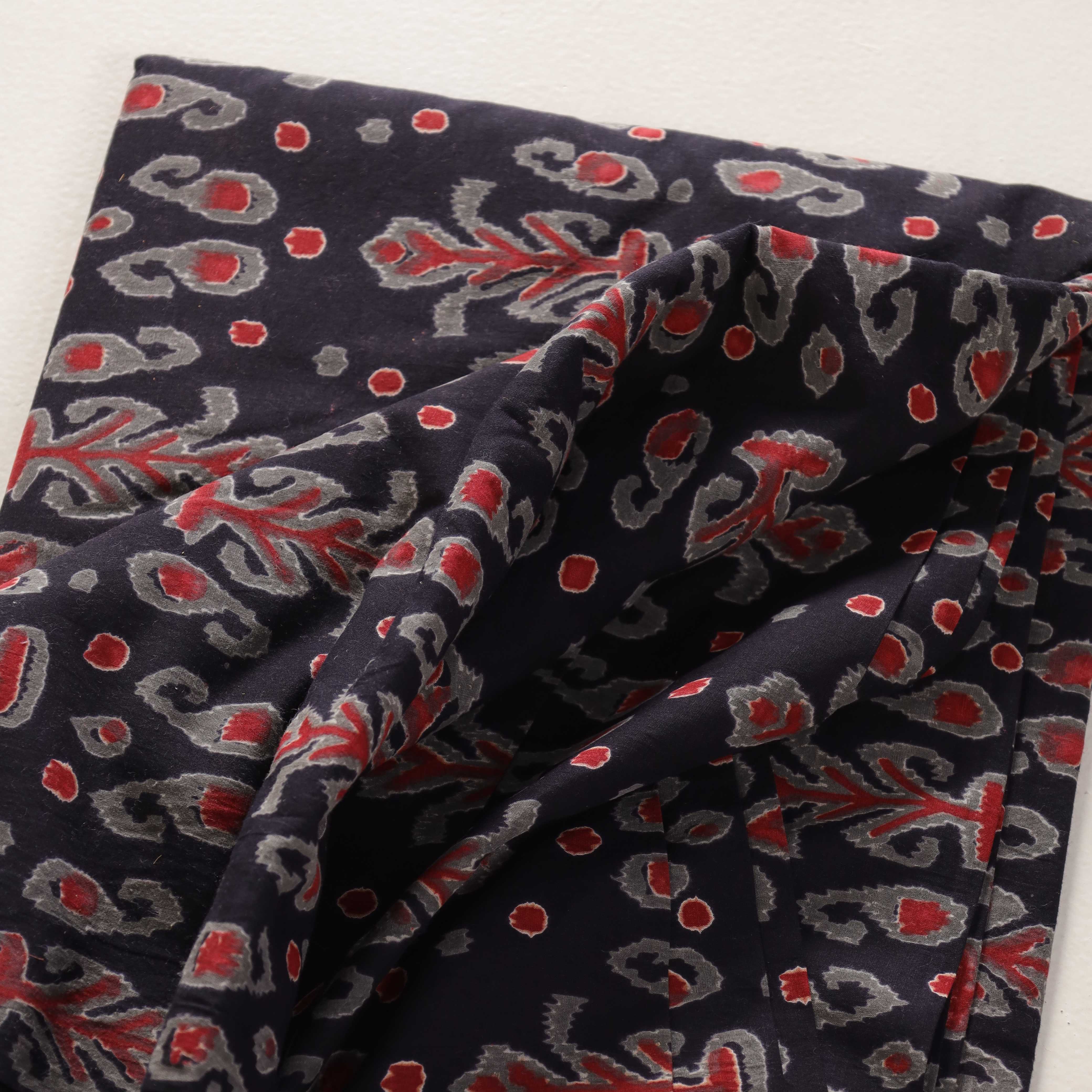 (1 Yard) Artisanal Jet Black Ikat-Style Hand-Block Printed Cotton