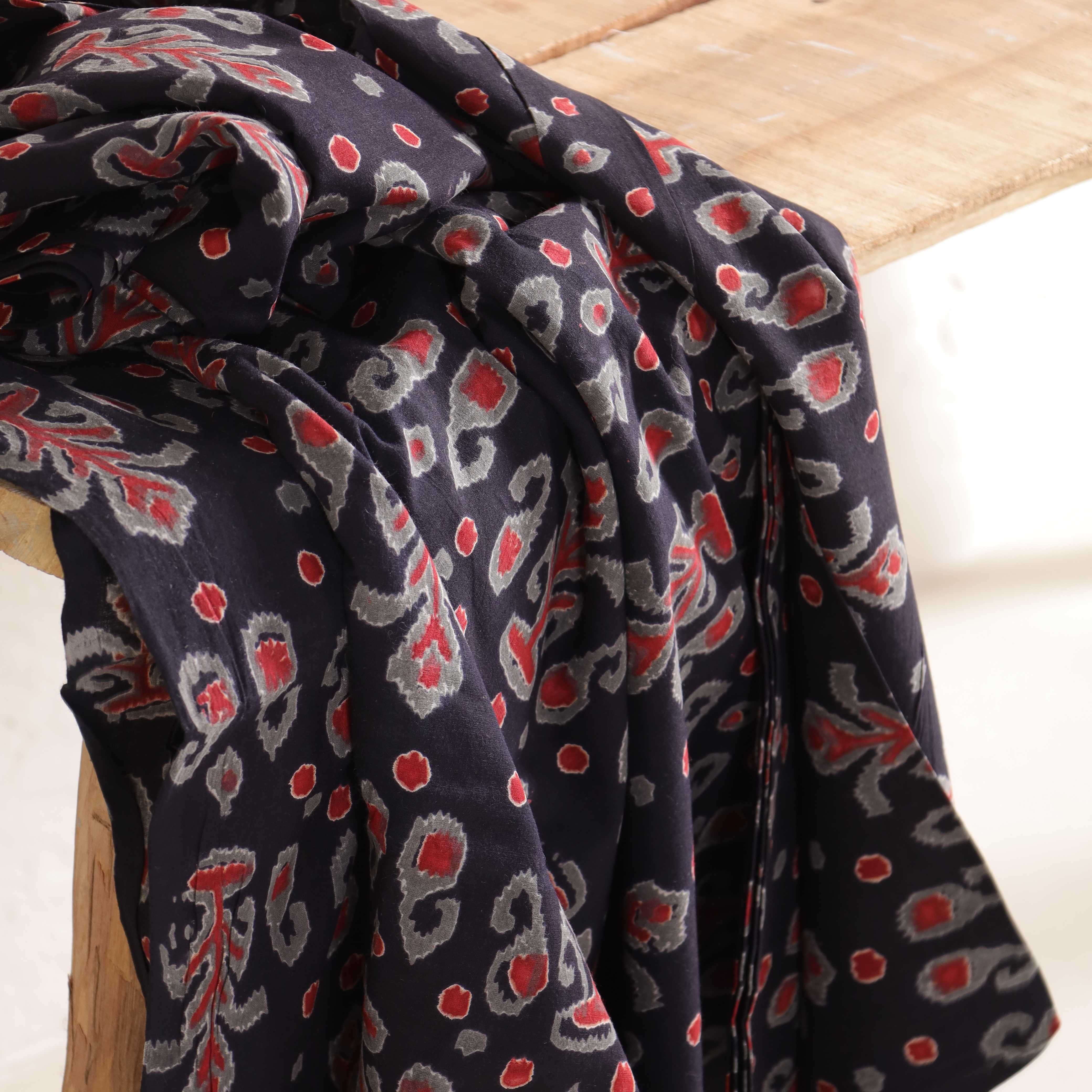 (1 Yard) Artisanal Jet Black Ikat-Style Hand-Block Printed Cotton