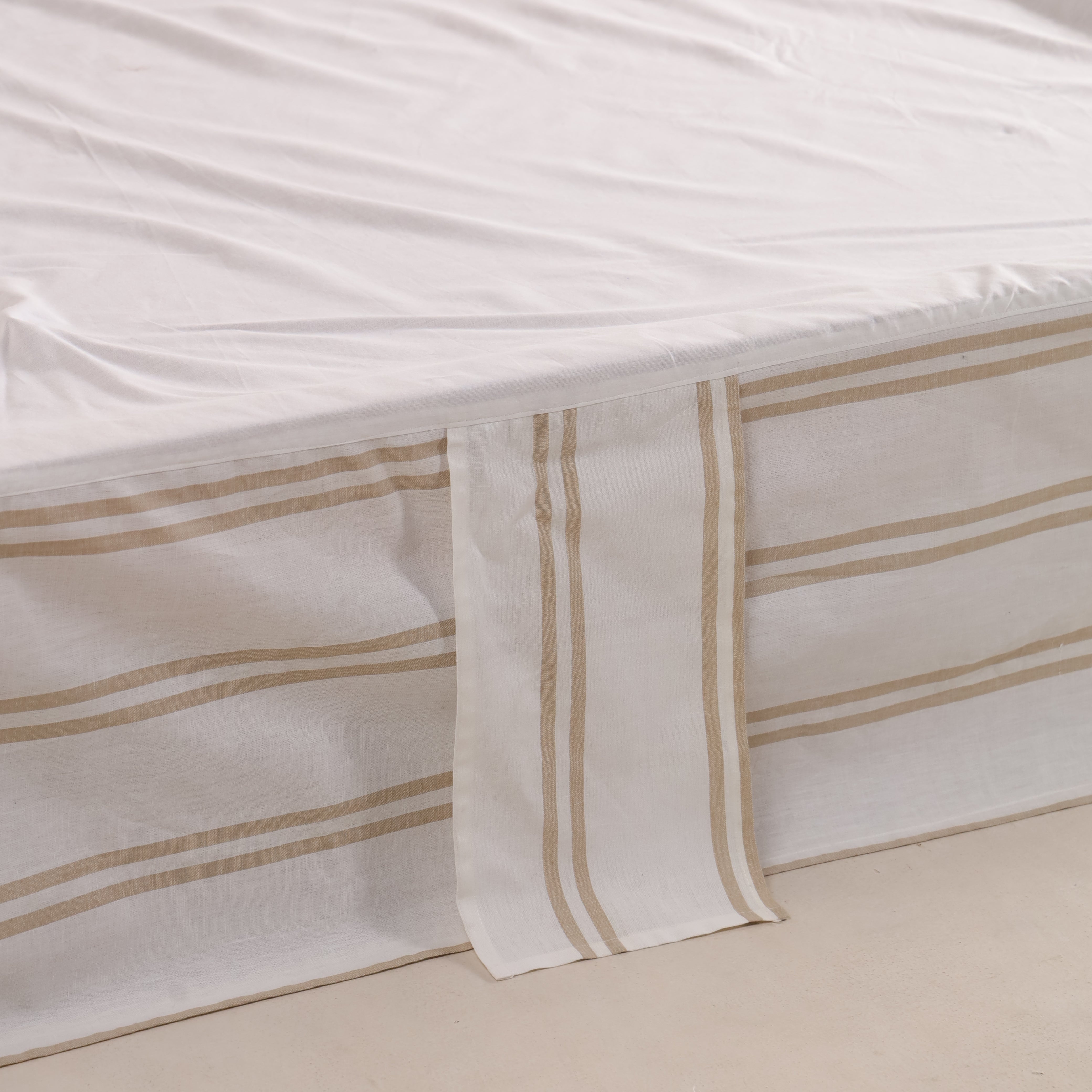 French Country Tailored Bed Skirt with Beige Stripes – Box Pleat Bed Valance with Corner Ties