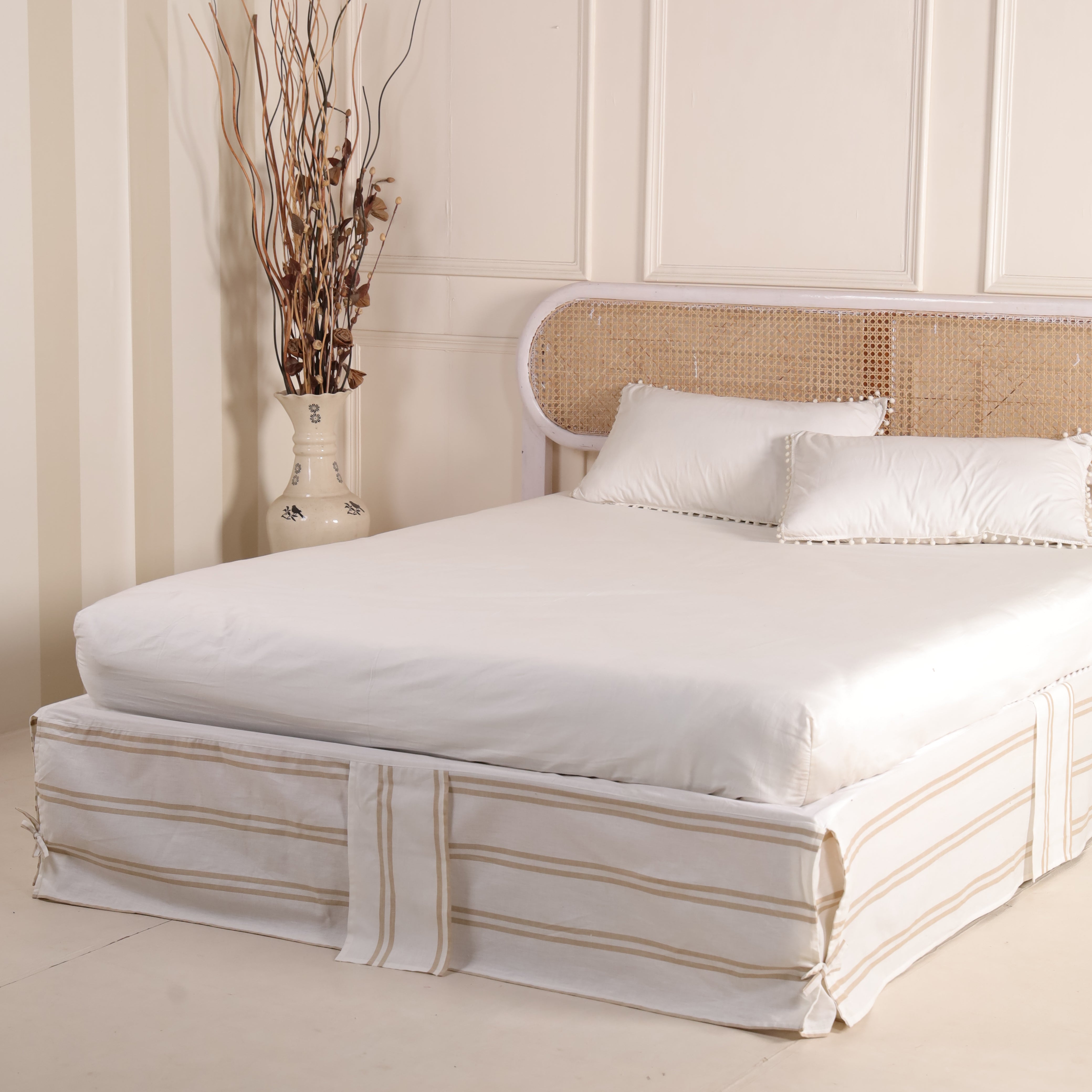 French Country Tailored Bed Skirt with Beige Stripes – Box Pleat Bed Valance with Corner Ties