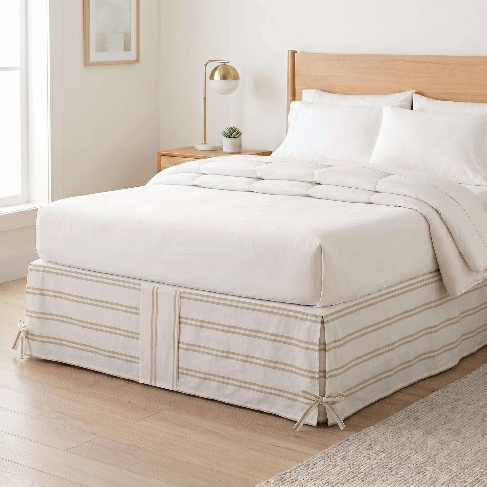 French Country Tailored Bed Skirt with Beige Stripes – Box Pleat Bed Valance with Corner Ties
