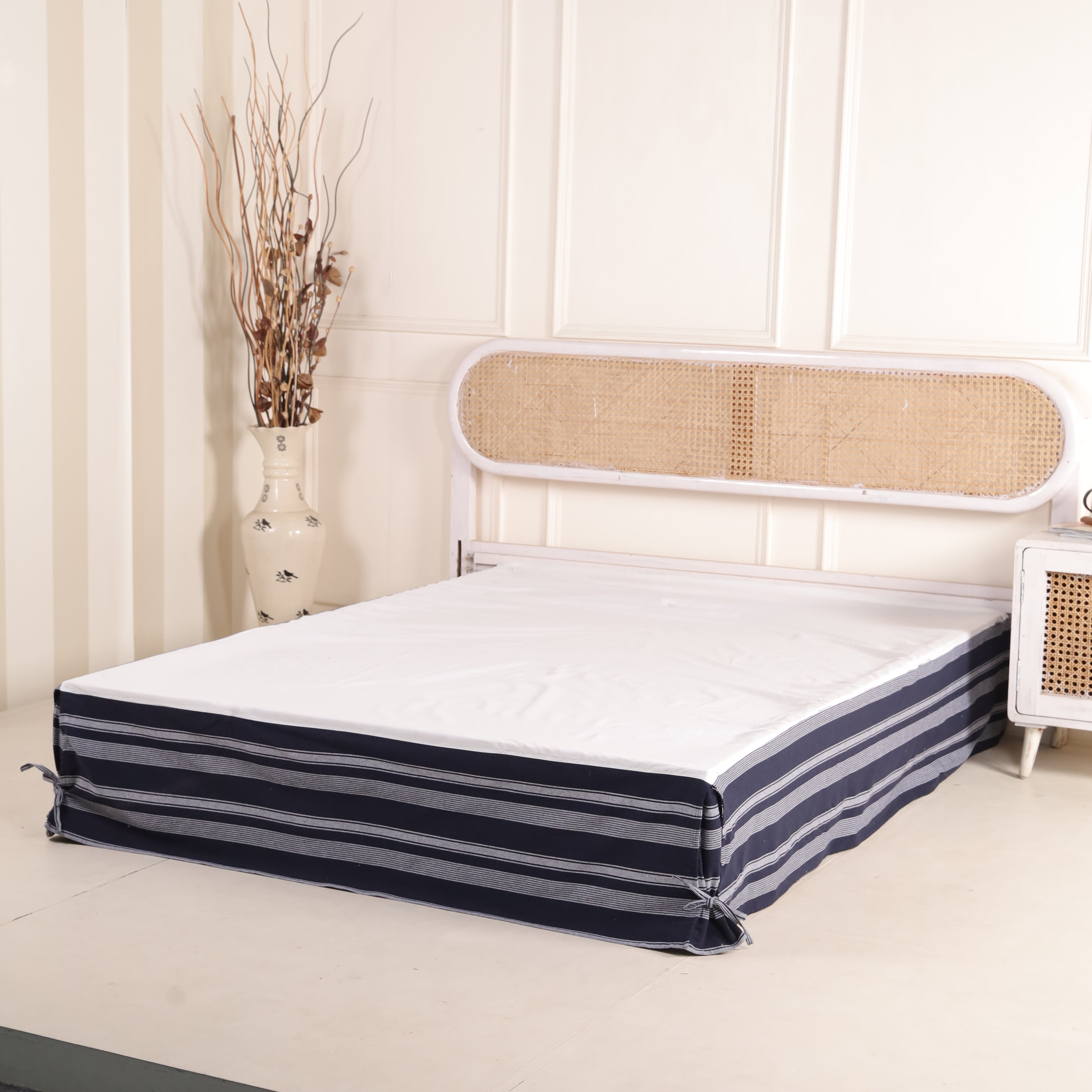 Nautical Navy Blue Striped Tailored Bed Skirt – Premium Pleated Bed Valance