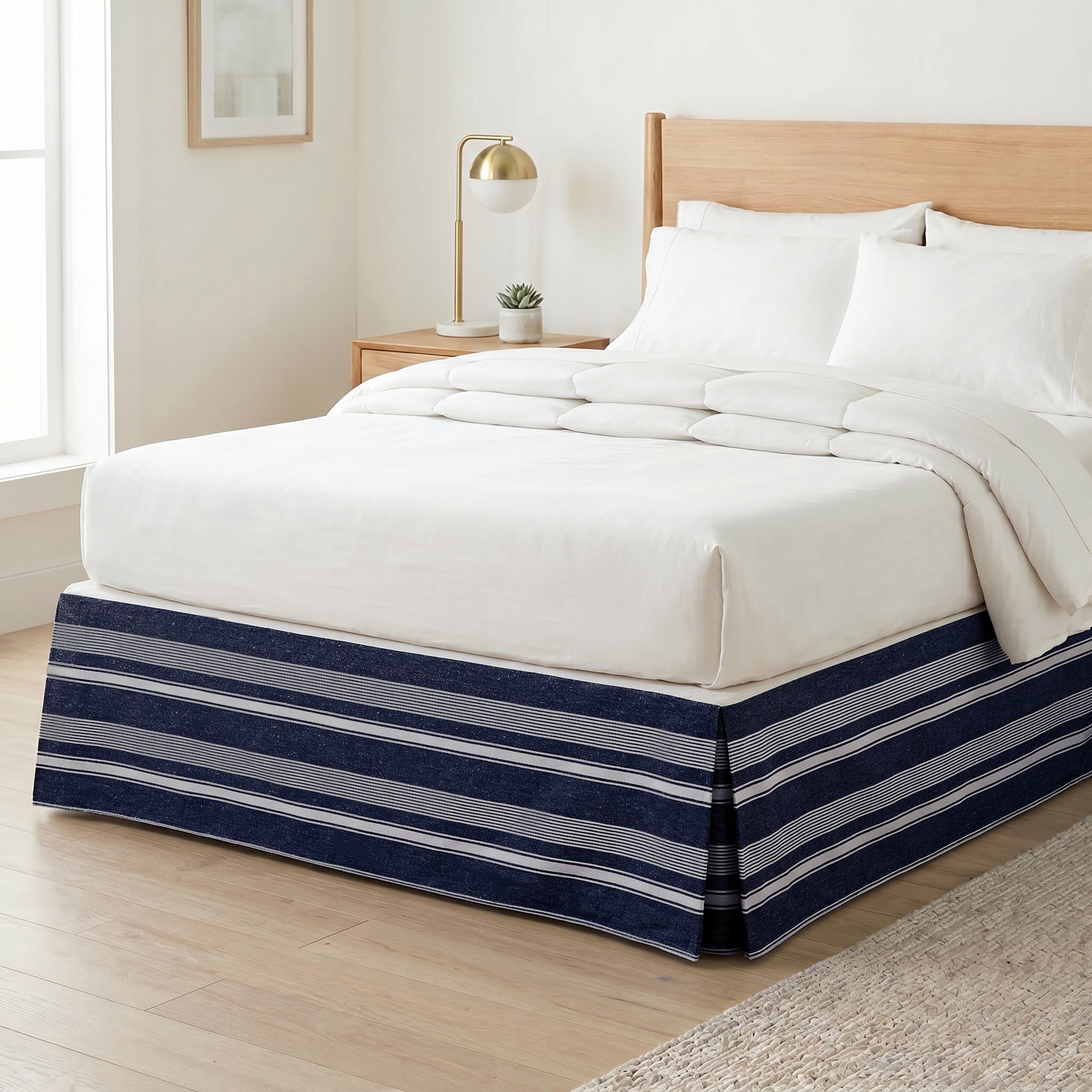 Nautical Navy Blue Striped Tailored Bed Skirt – Premium Pleated Bed Valance