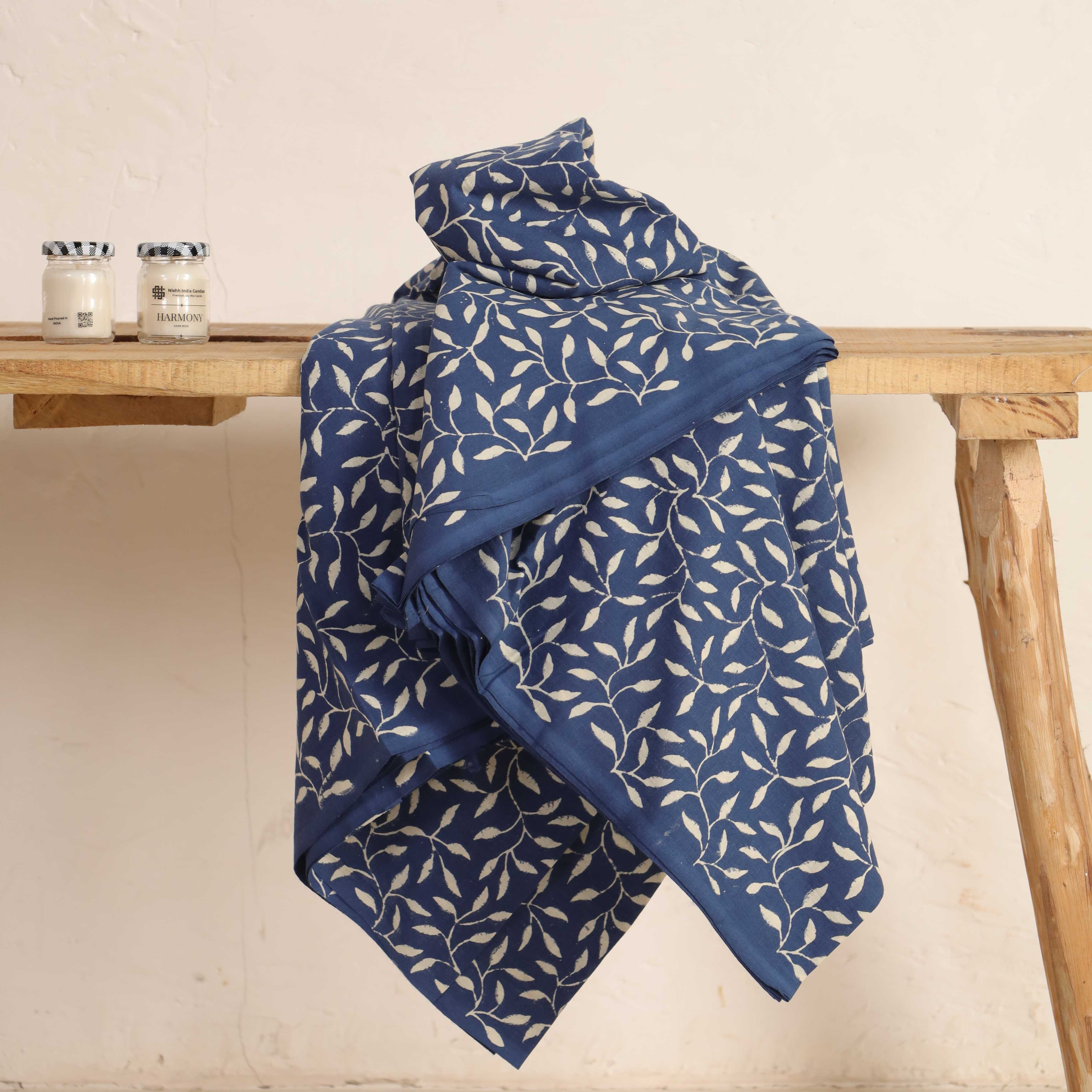 (1 Yard) Indigo Vine Hand Block Printed Cotton Fabric - Artisan Crafted