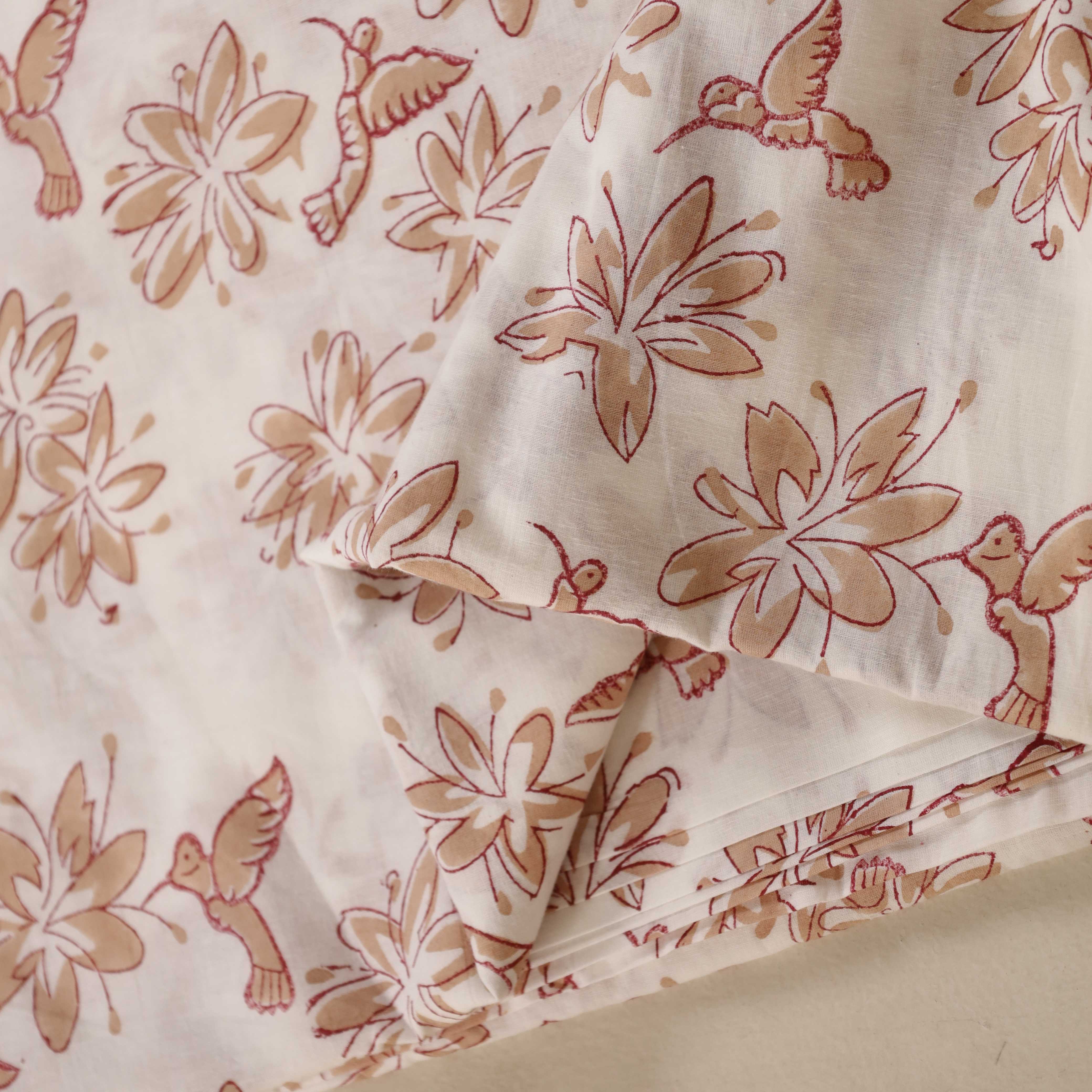 (1 Yard) Artisan Hummingbird & Floral Hand Block Printed Cotton Fabric