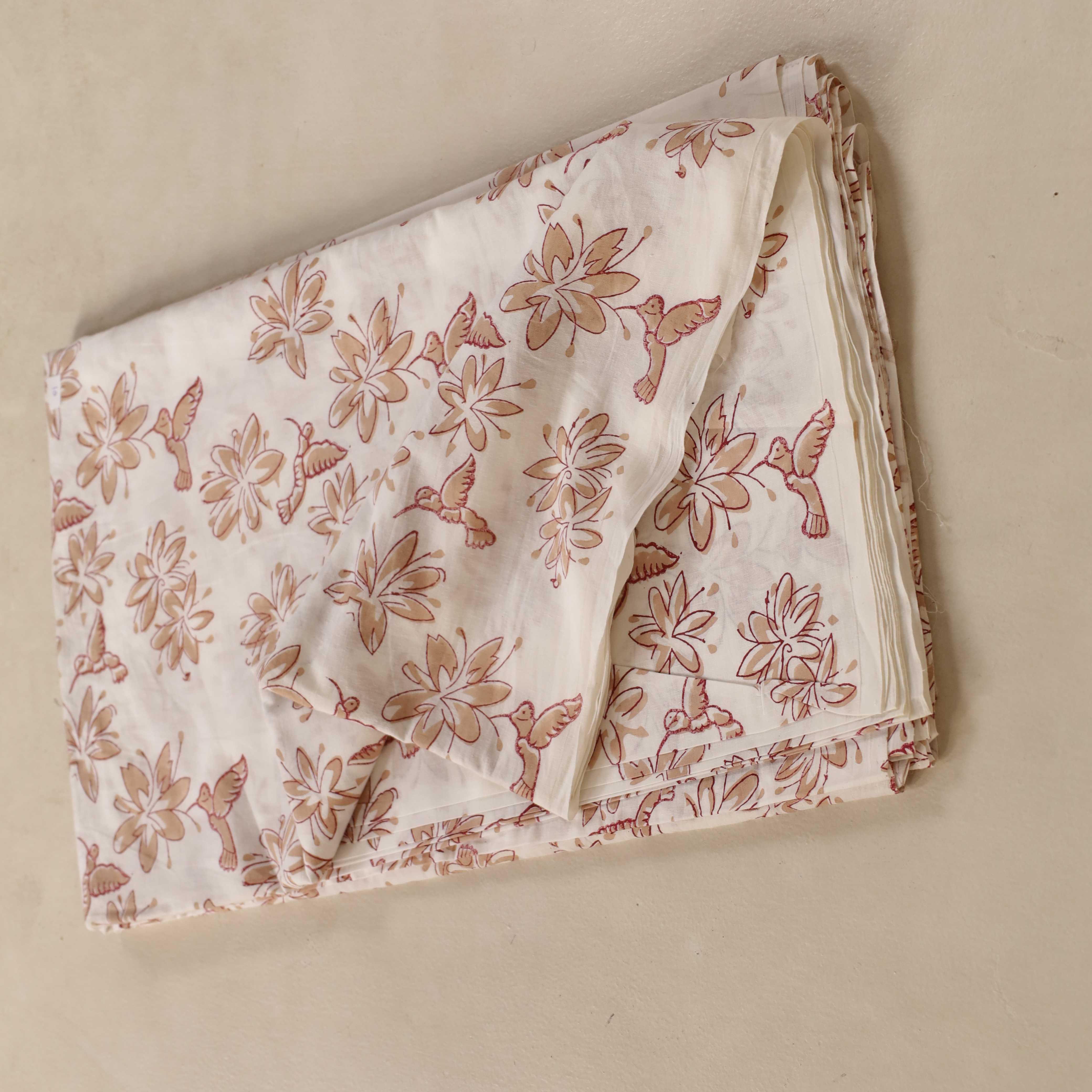 (1 Yard) Artisan Hummingbird & Floral Hand Block Printed Cotton Fabric
