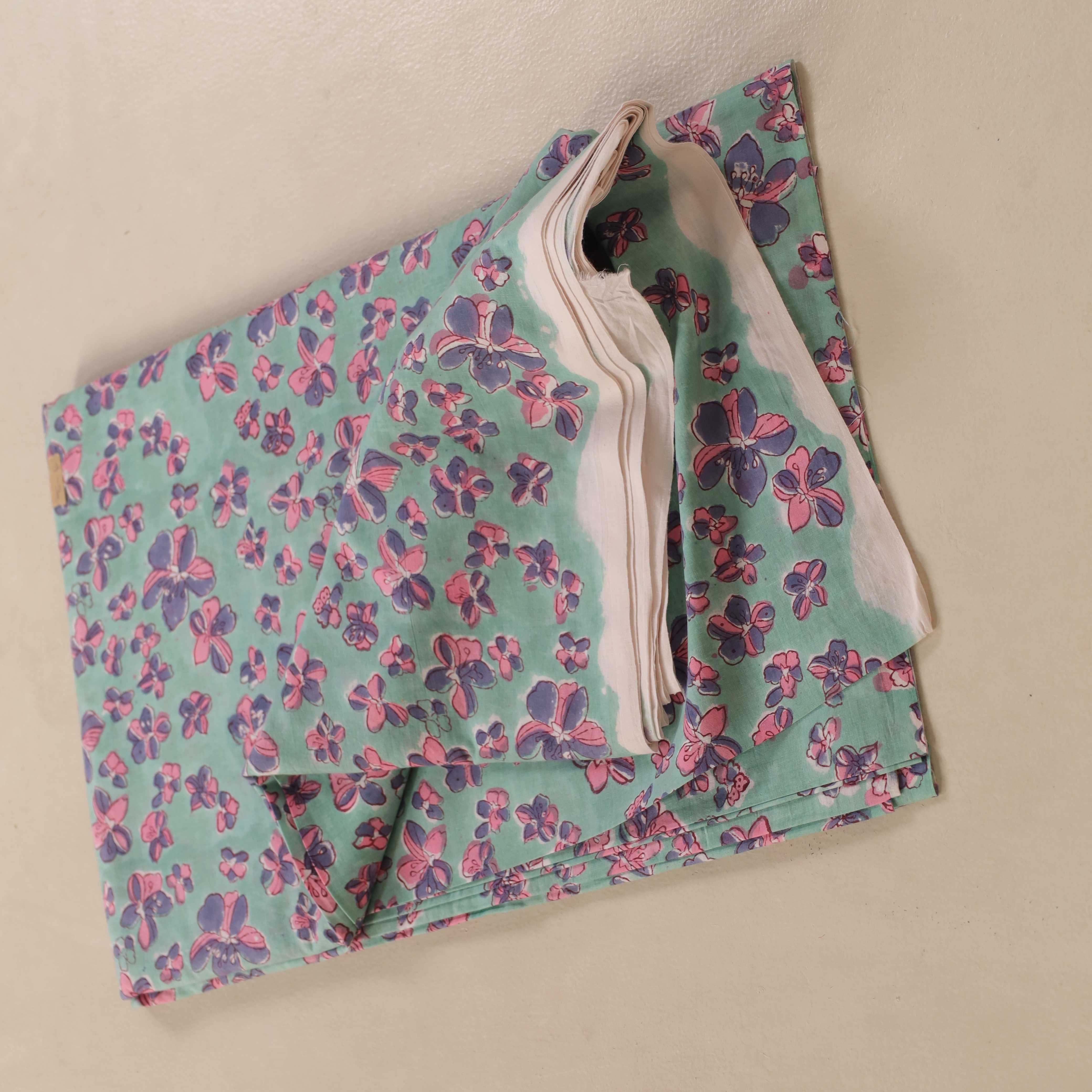 (1 Yard) Teal Meadow Cherry Blossom Hand Block Printed Cotton Fabric - Artisan Crafted
