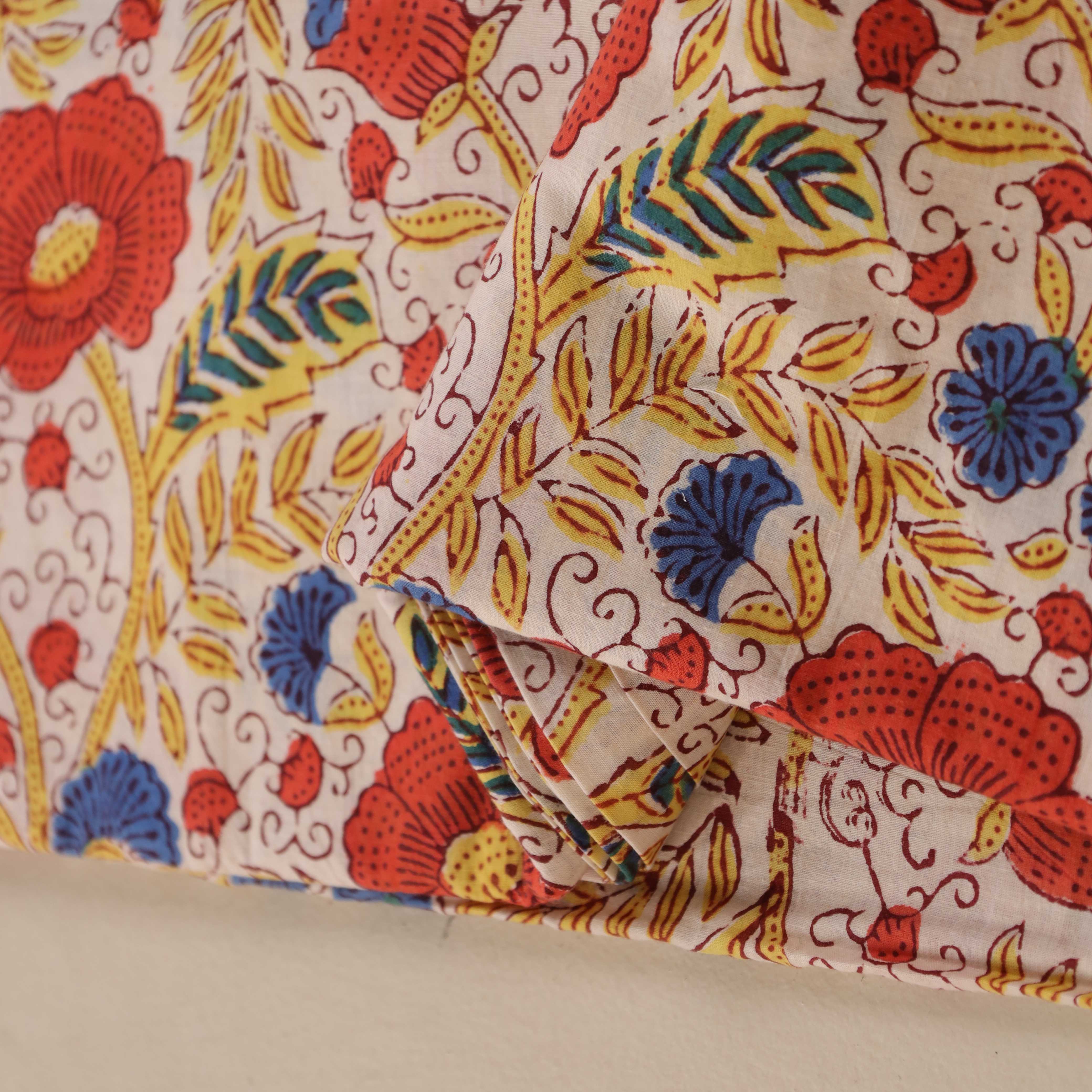 (1 Yard) Saffron Bloom Hand Block Printed Cotton Fabric - Artisan Crafted