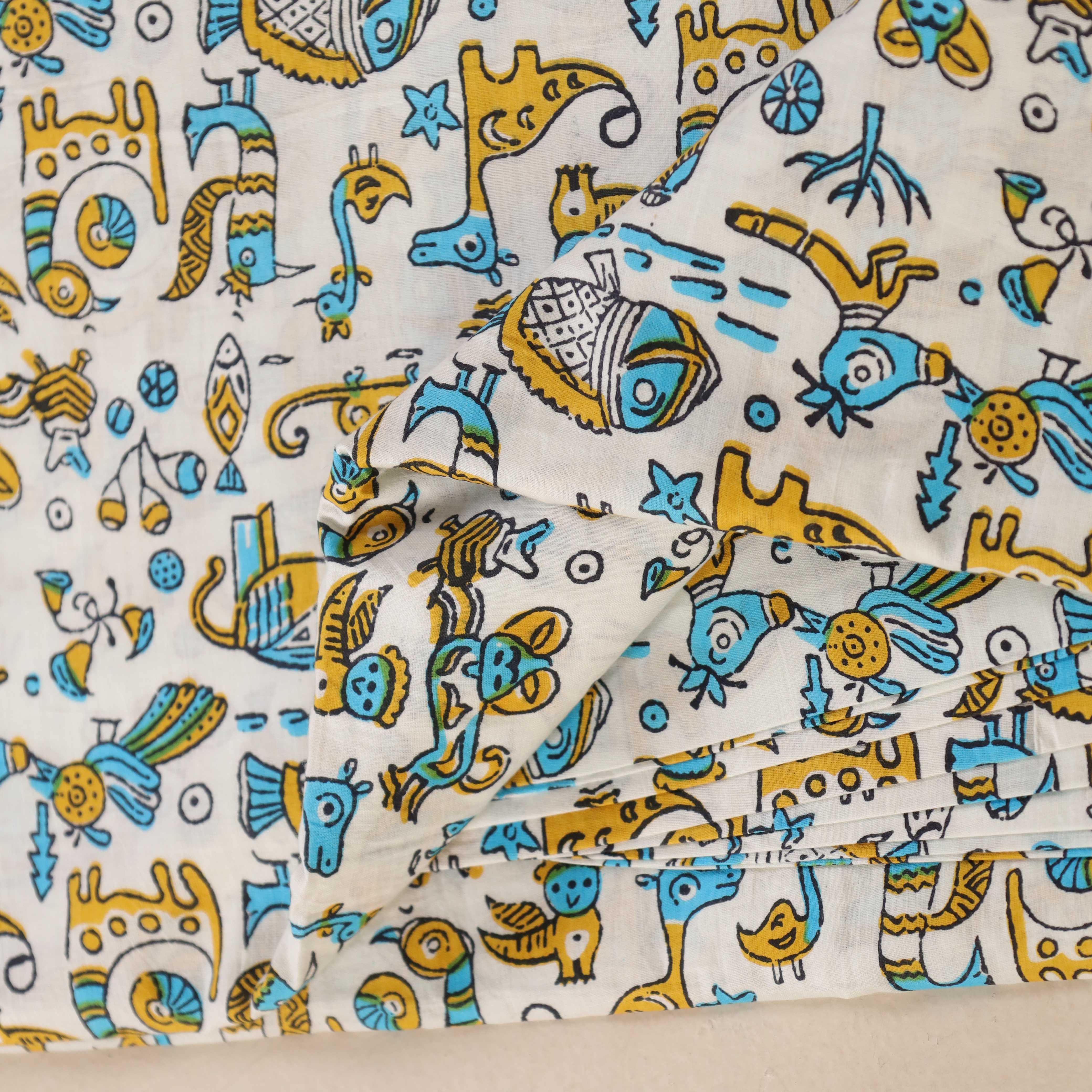 (1 Yard) Whimsical Menagerie Hand Block Printed Cotton Fabric - Artisan Crafted