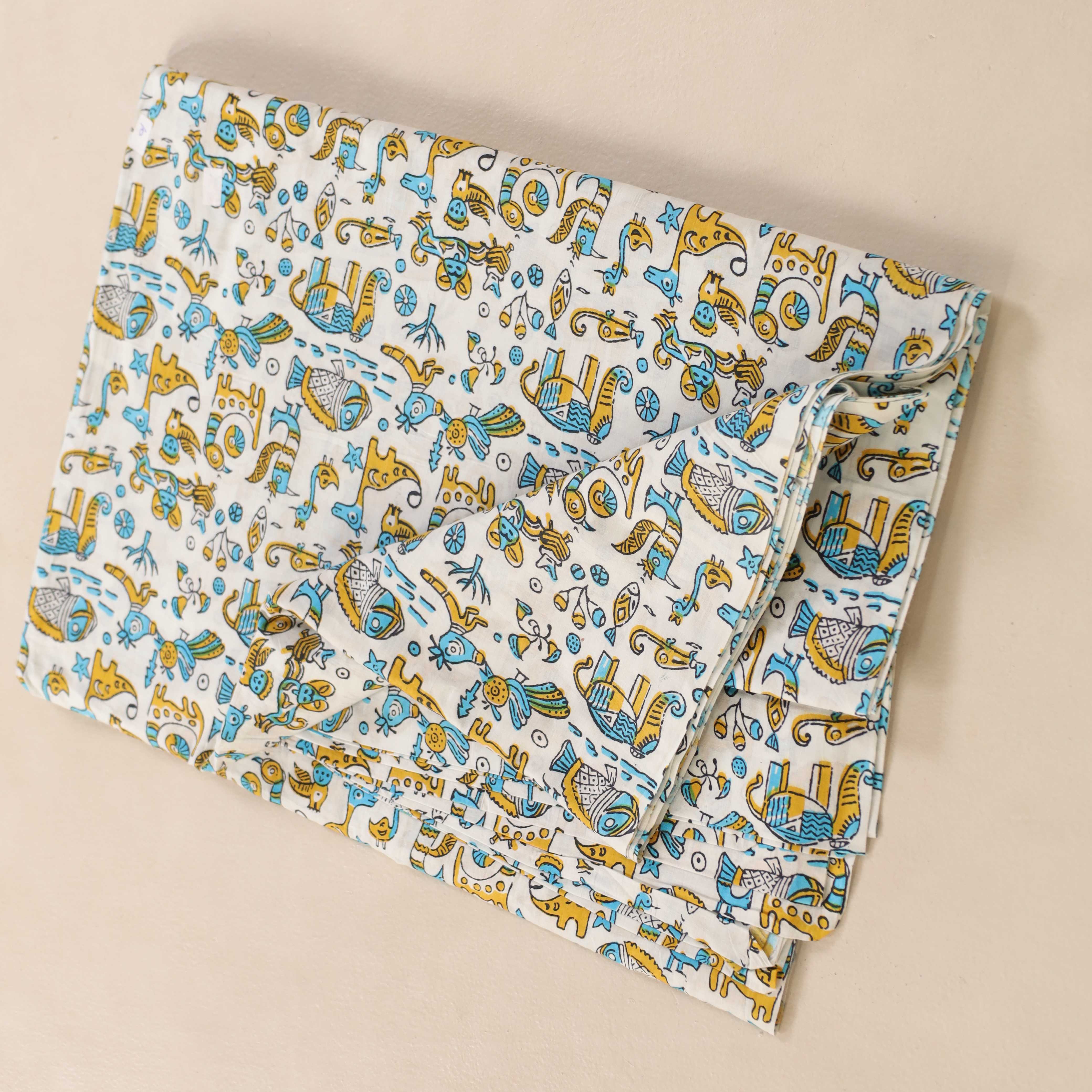 (1 Yard) Whimsical Menagerie Hand Block Printed Cotton Fabric - Artisan Crafted