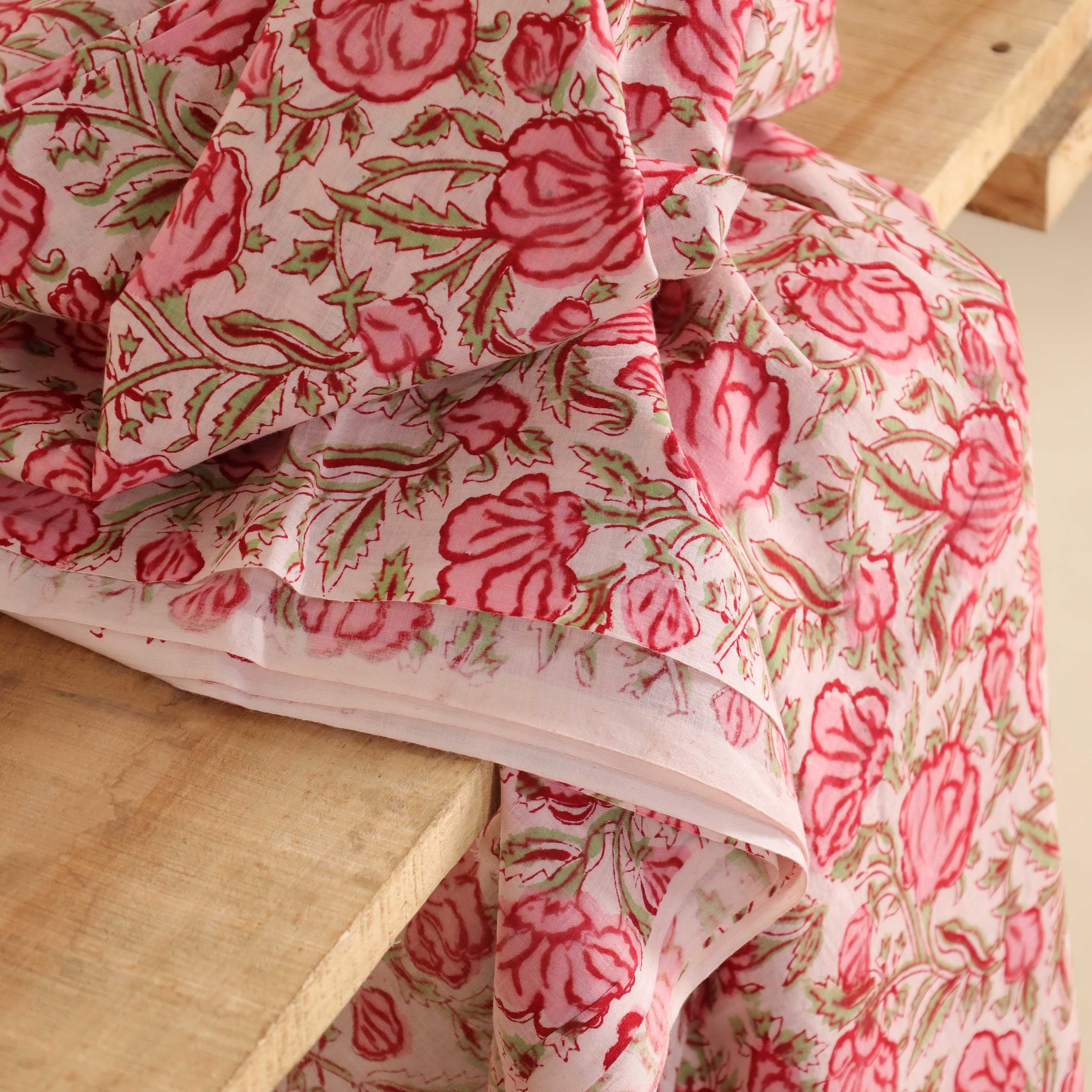(1 Yard) Vintage Rose Garden Hand Block Printed Cotton Fabric - Artisan Crafted