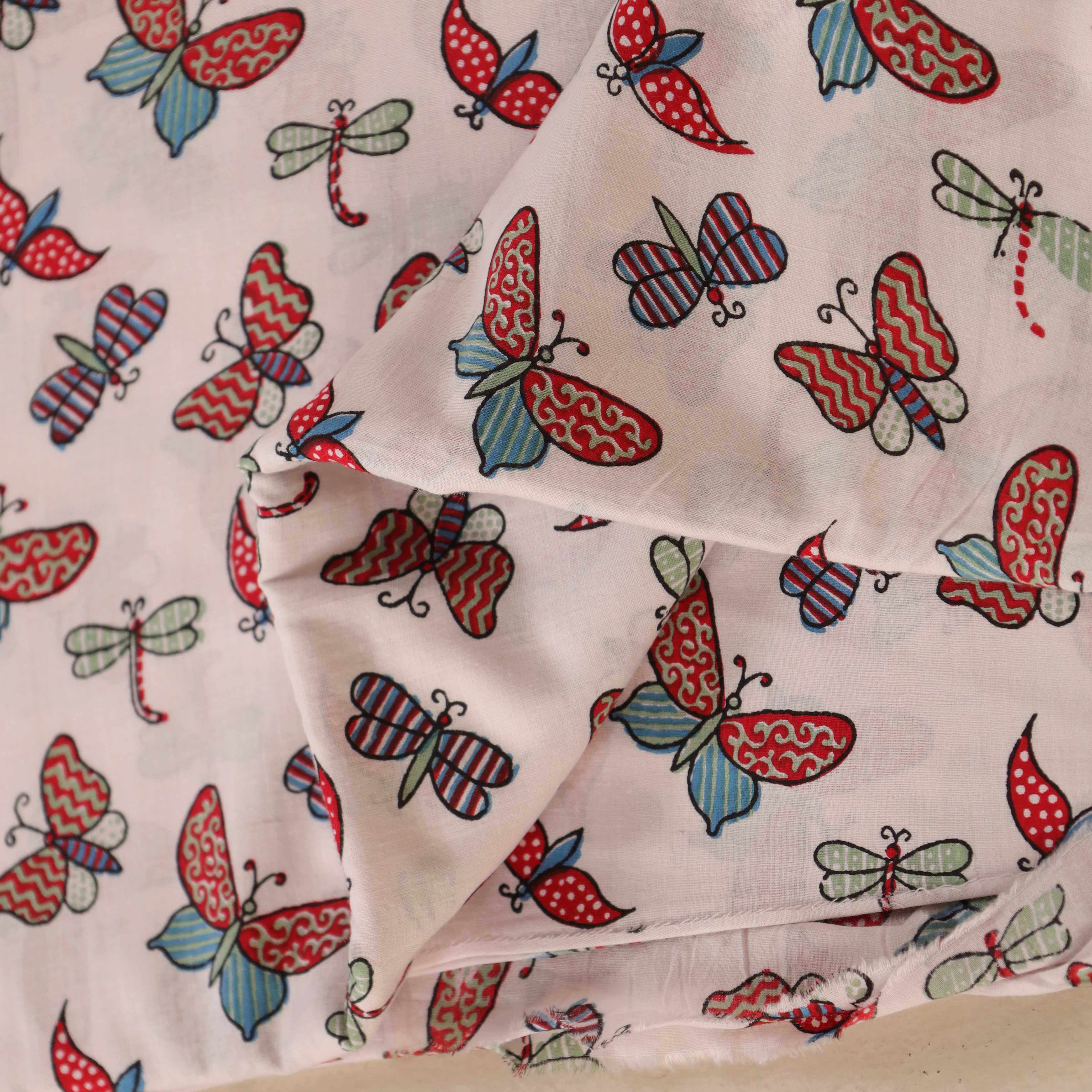 (1 Yard) Butterfly & Dragonfly Meadow Hand Block Printed Cotton Fabric