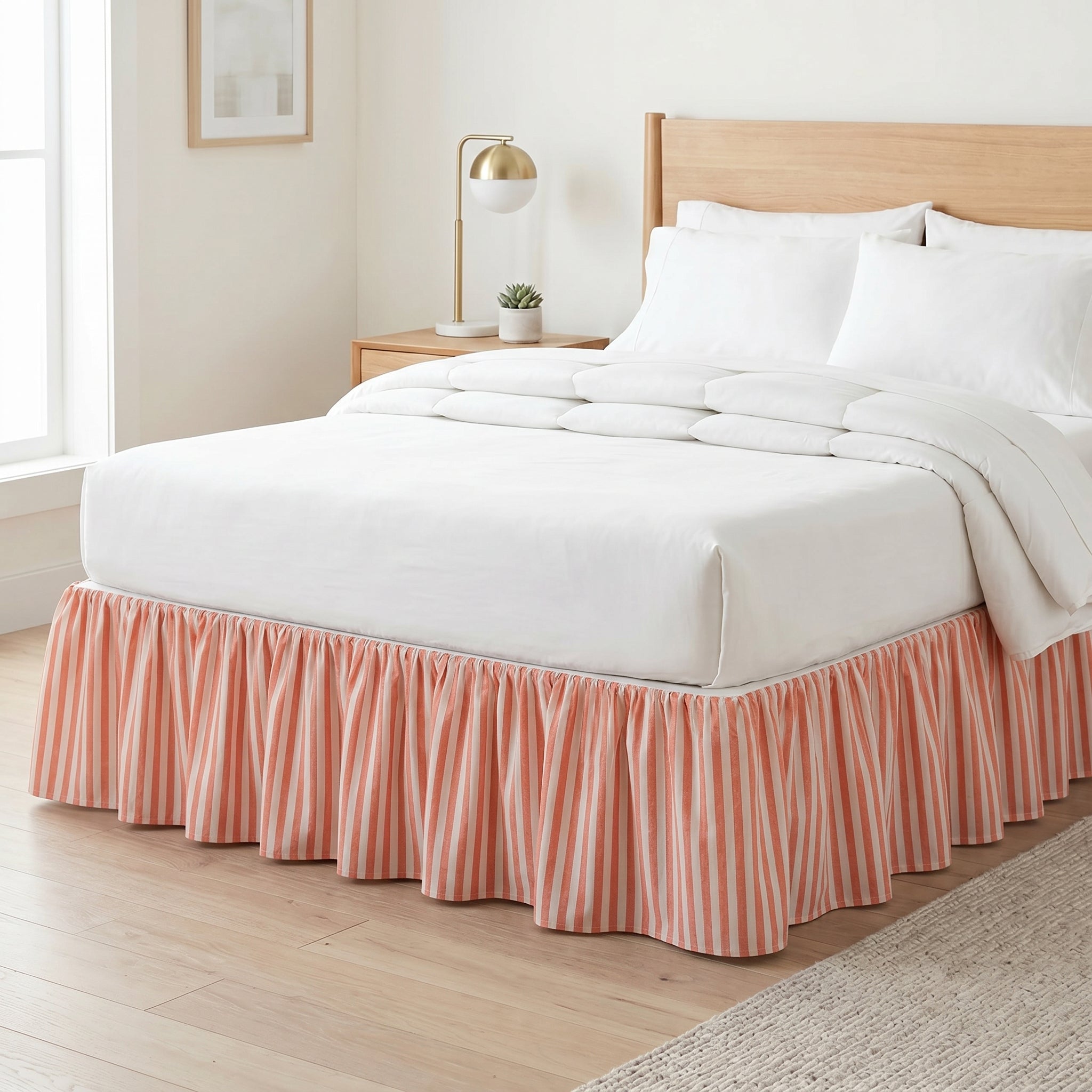 Blush Coral Striped Ruffled Bed Skirt – Soft Gathered Coastal Bed Valance
