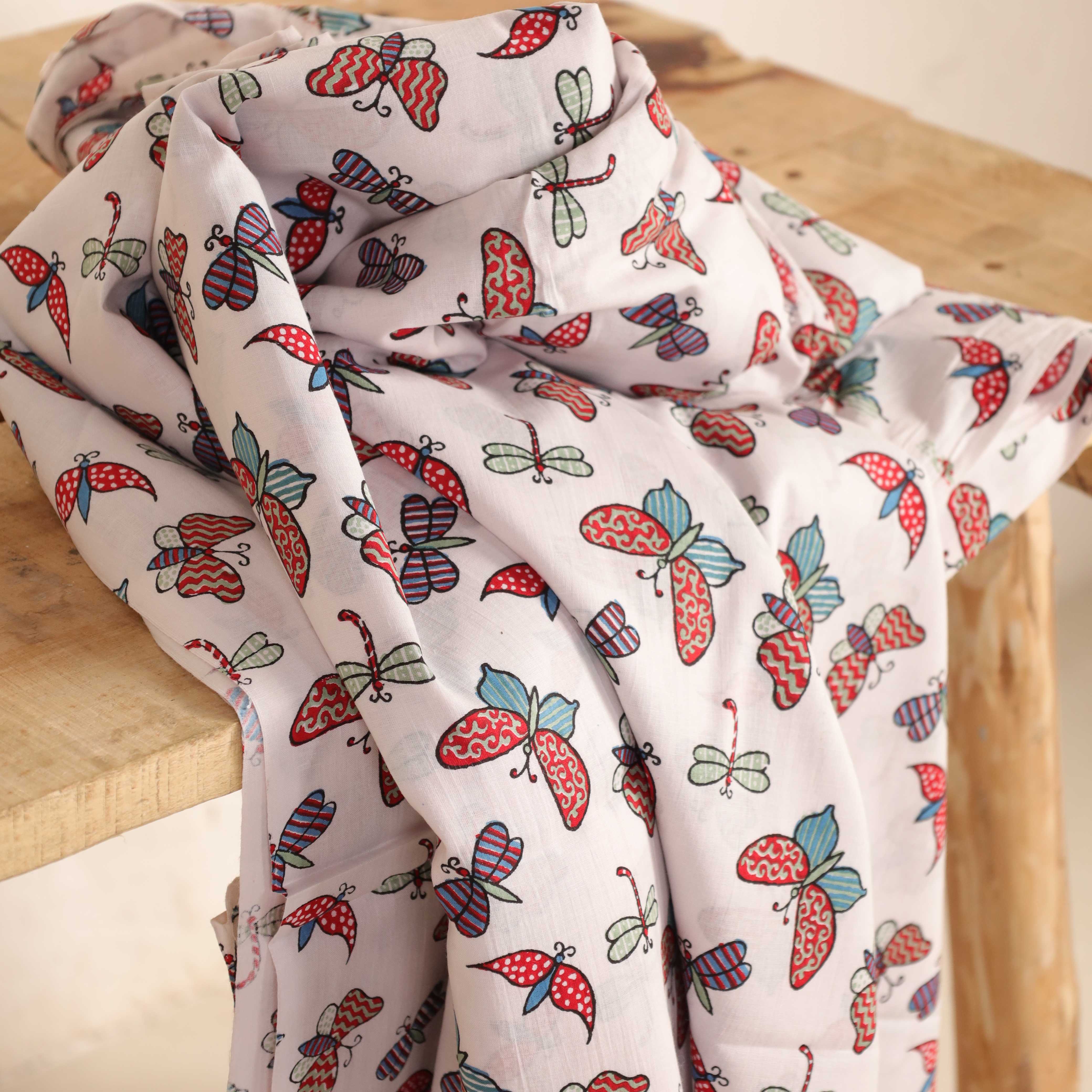 (1 Yard) Butterfly & Dragonfly Meadow Hand Block Printed Cotton Fabric