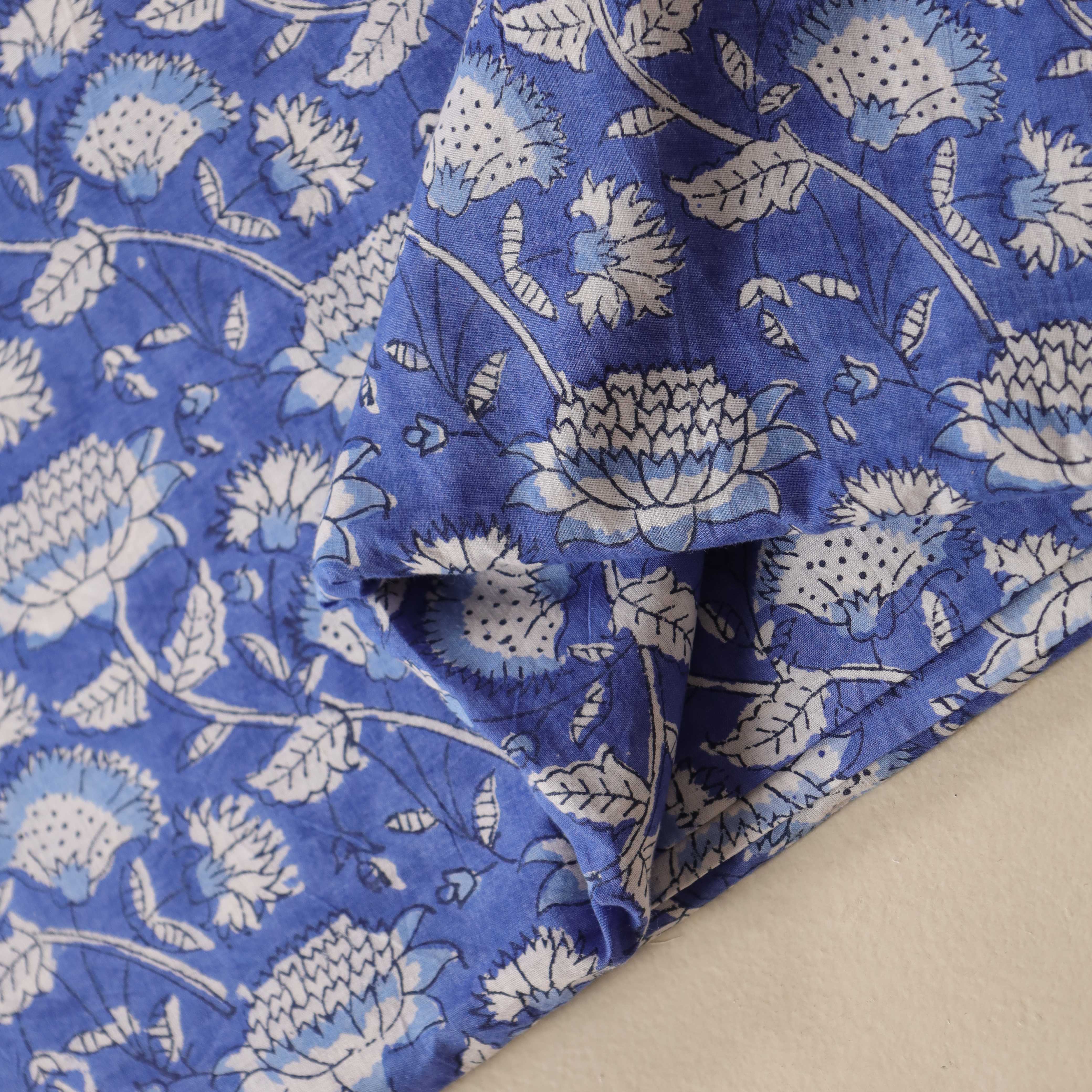 (1 Yard) Indigo Meadow Hand Block Printed Cotton Fabric - Artisan Crafted