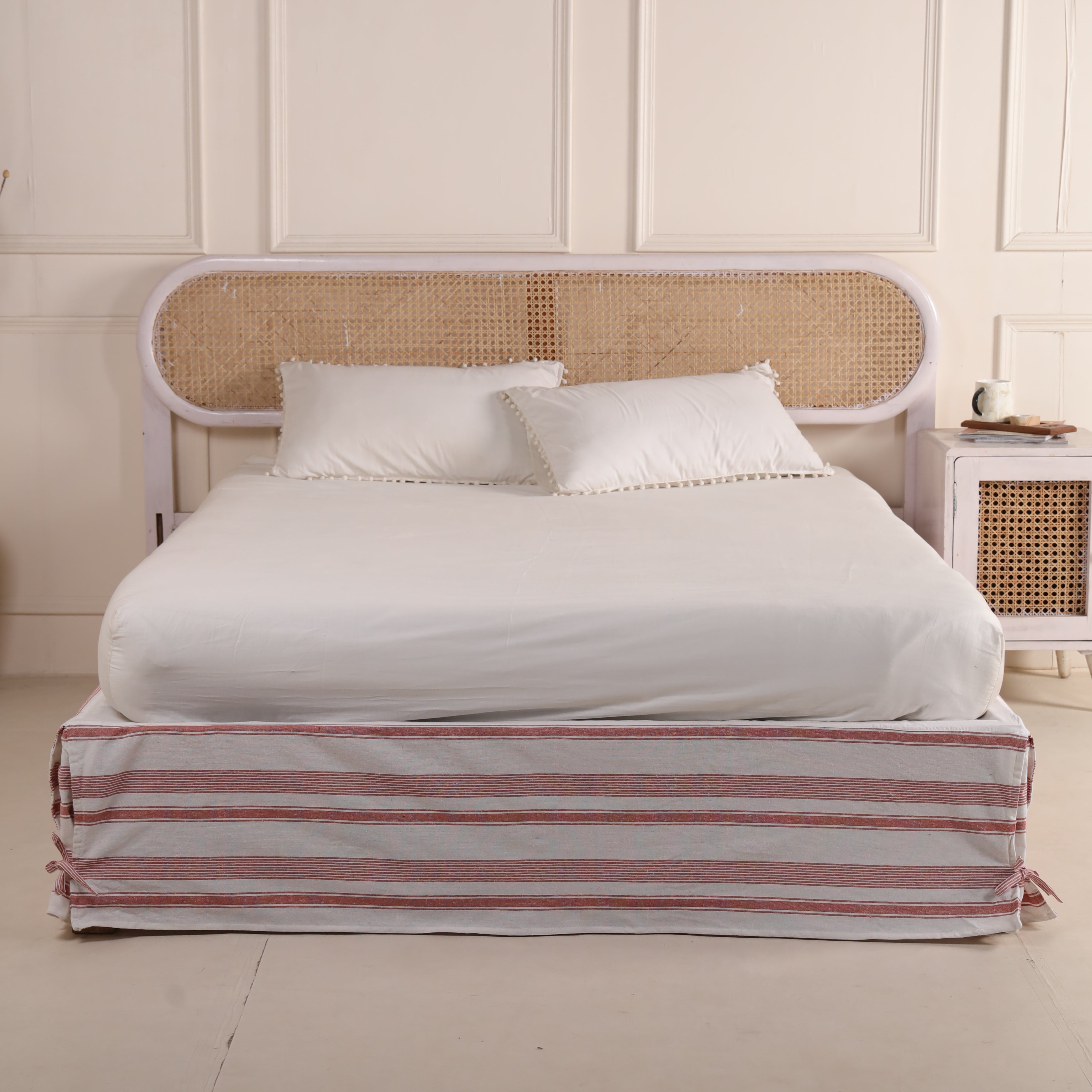 Vintage Crimson Striped Tailored Bed Skirt – Split Corner Bed Valance with Side Ties
