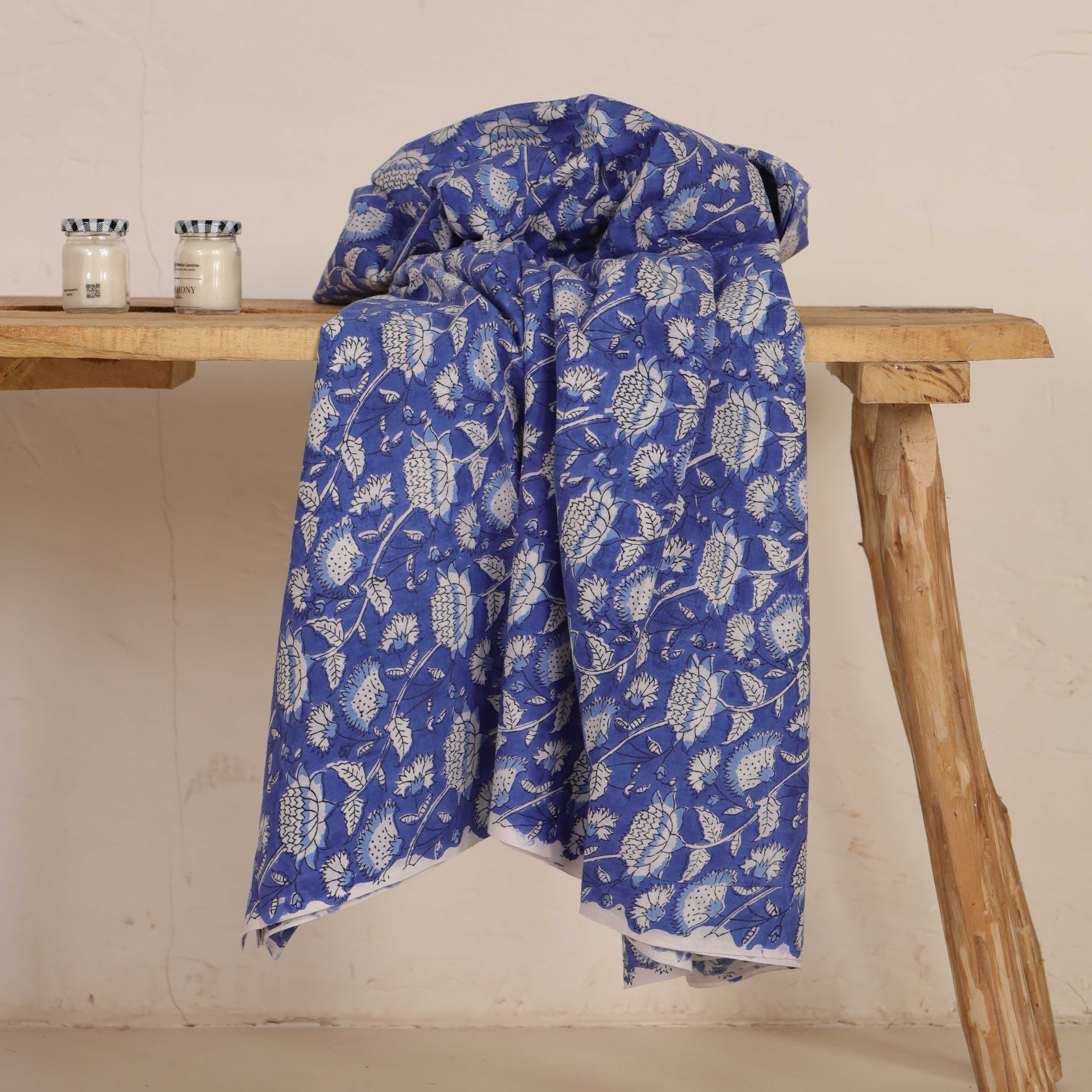 (1 Yard) Indigo Meadow Hand Block Printed Cotton Fabric - Artisan Crafted
