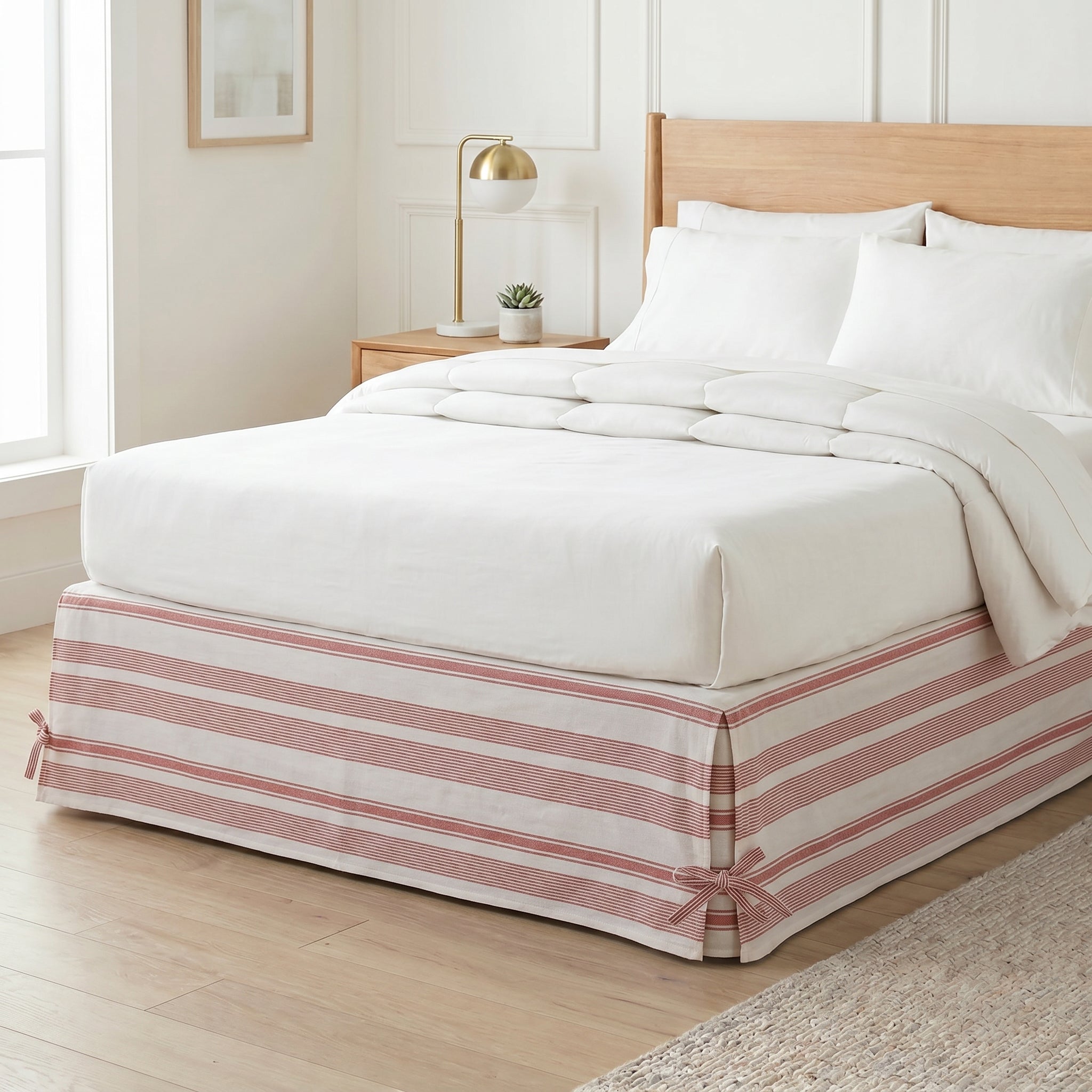 Vintage Crimson Striped Tailored Bed Skirt – Split Corner Bed Valance with Side Ties