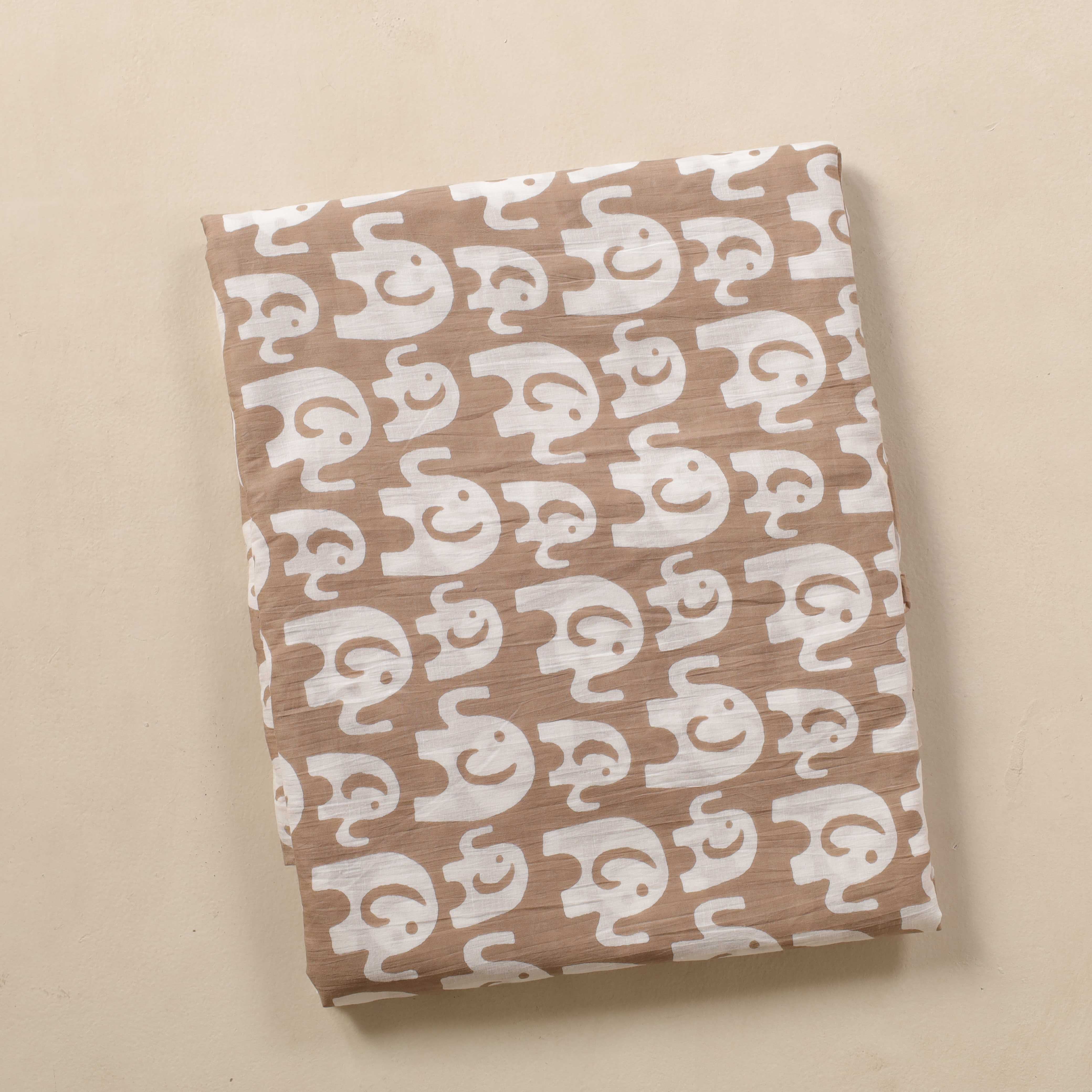 (1 Yard) Hand Block Printed Elephant Motif Cotton Fabric - Sand & White