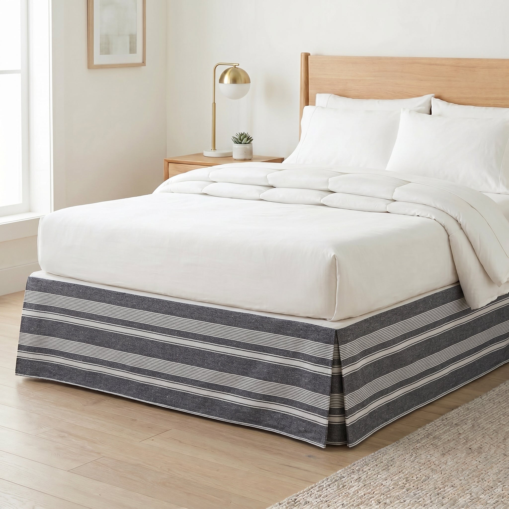 Coastal Indigo Micro-Striped Ruffled Bed Skirt – Continuous Gathered Premium Bed Valance