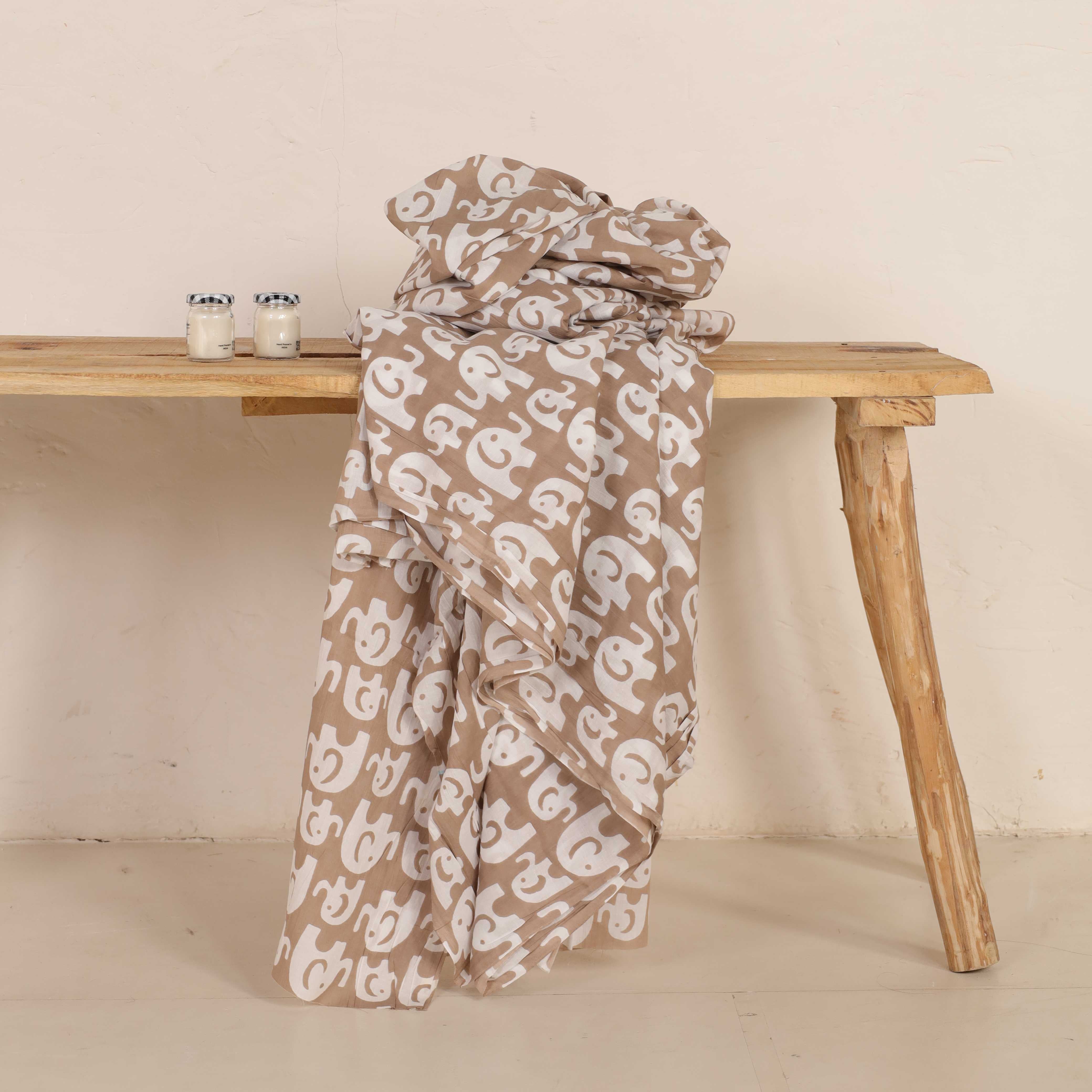 (1 Yard) Hand Block Printed Elephant Motif Cotton Fabric - Sand & White