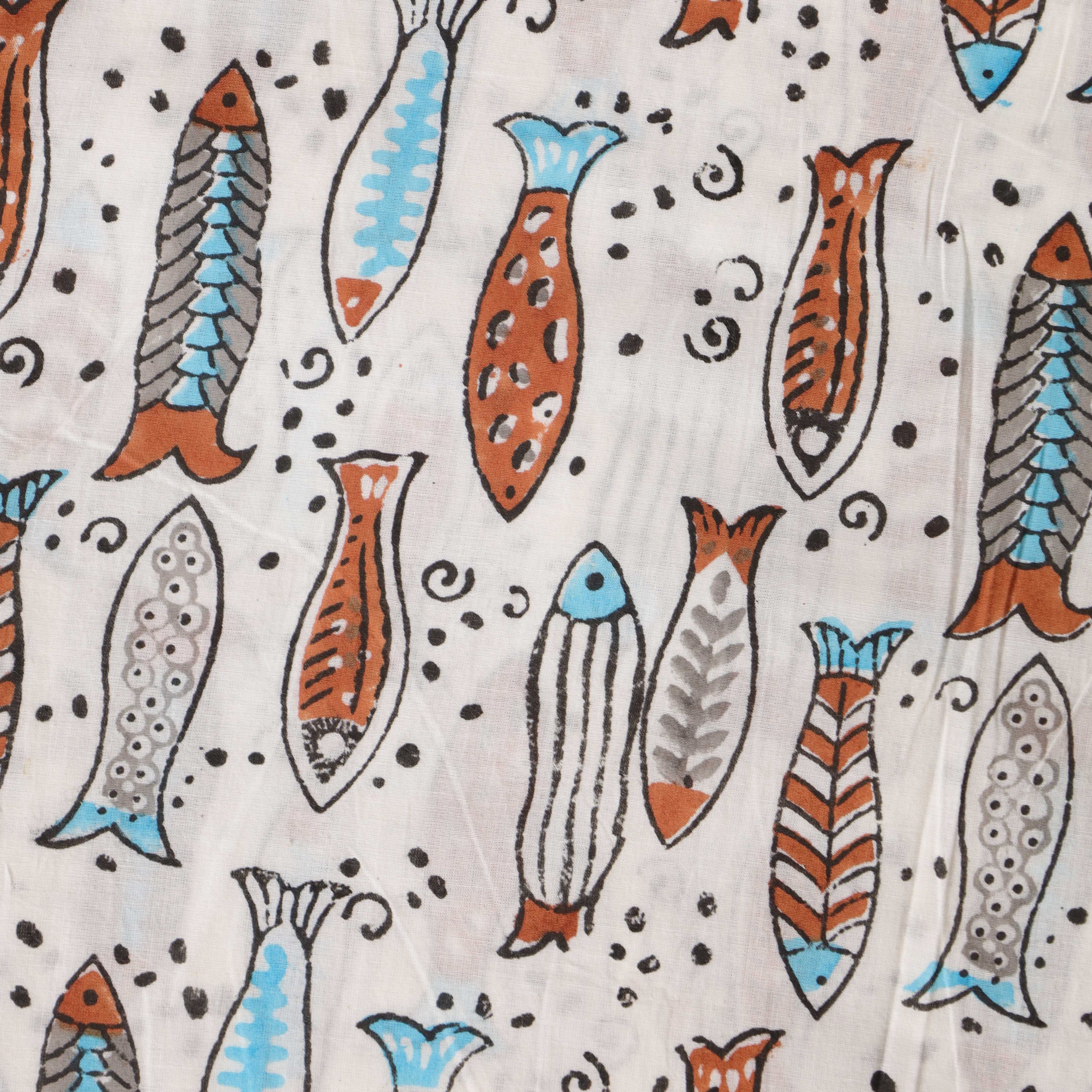 (1 Yard) Hand Block Printed Fish Motif Cotton Fabric - Multi-Color Indigo & Rust