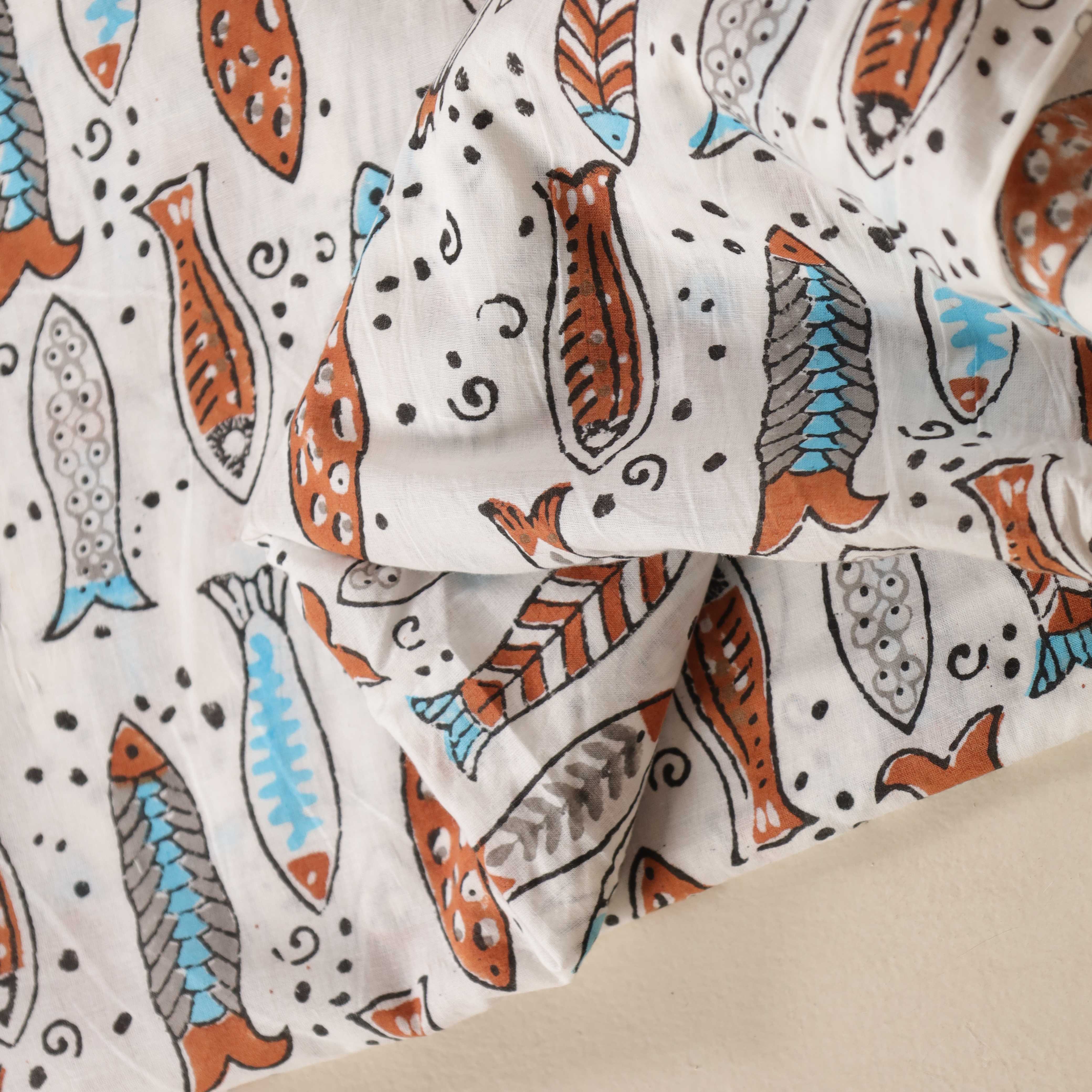(1 Yard) Hand Block Printed Fish Motif Cotton Fabric - Multi-Color Indigo & Rust