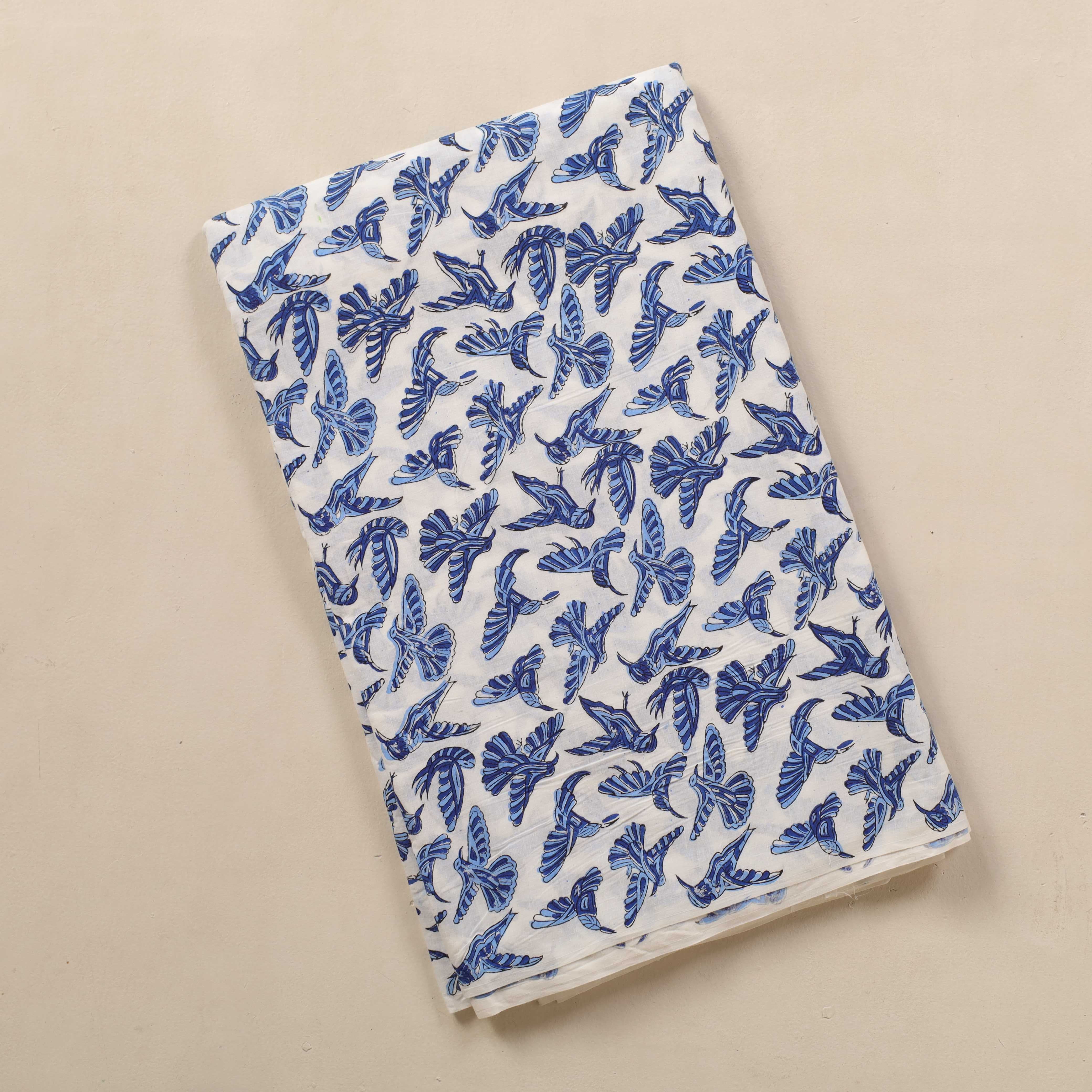 (1 Yard) Hand Block Printed Bird Motif Cotton Fabric - Azure & Cobalt Blue