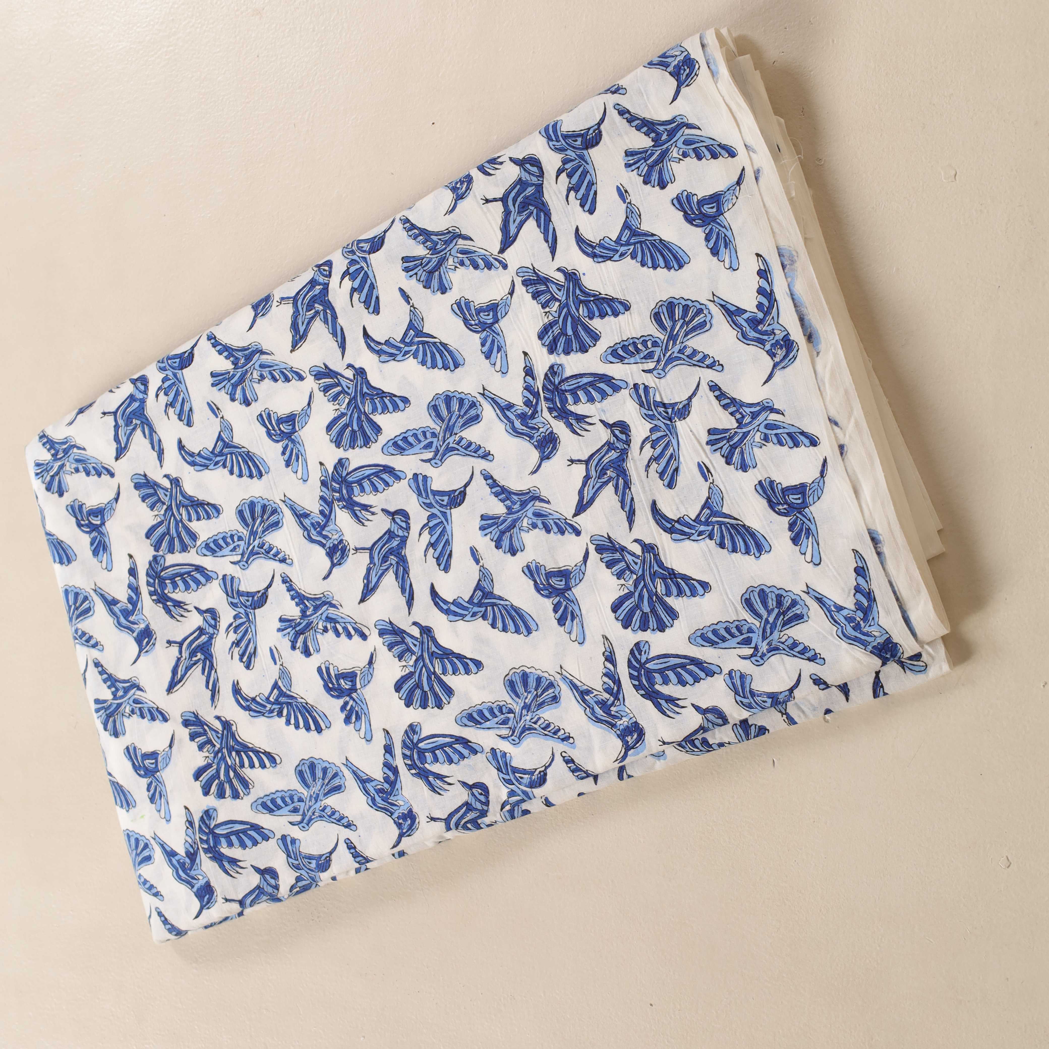 (1 Yard) Hand Block Printed Bird Motif Cotton Fabric - Azure & Cobalt Blue