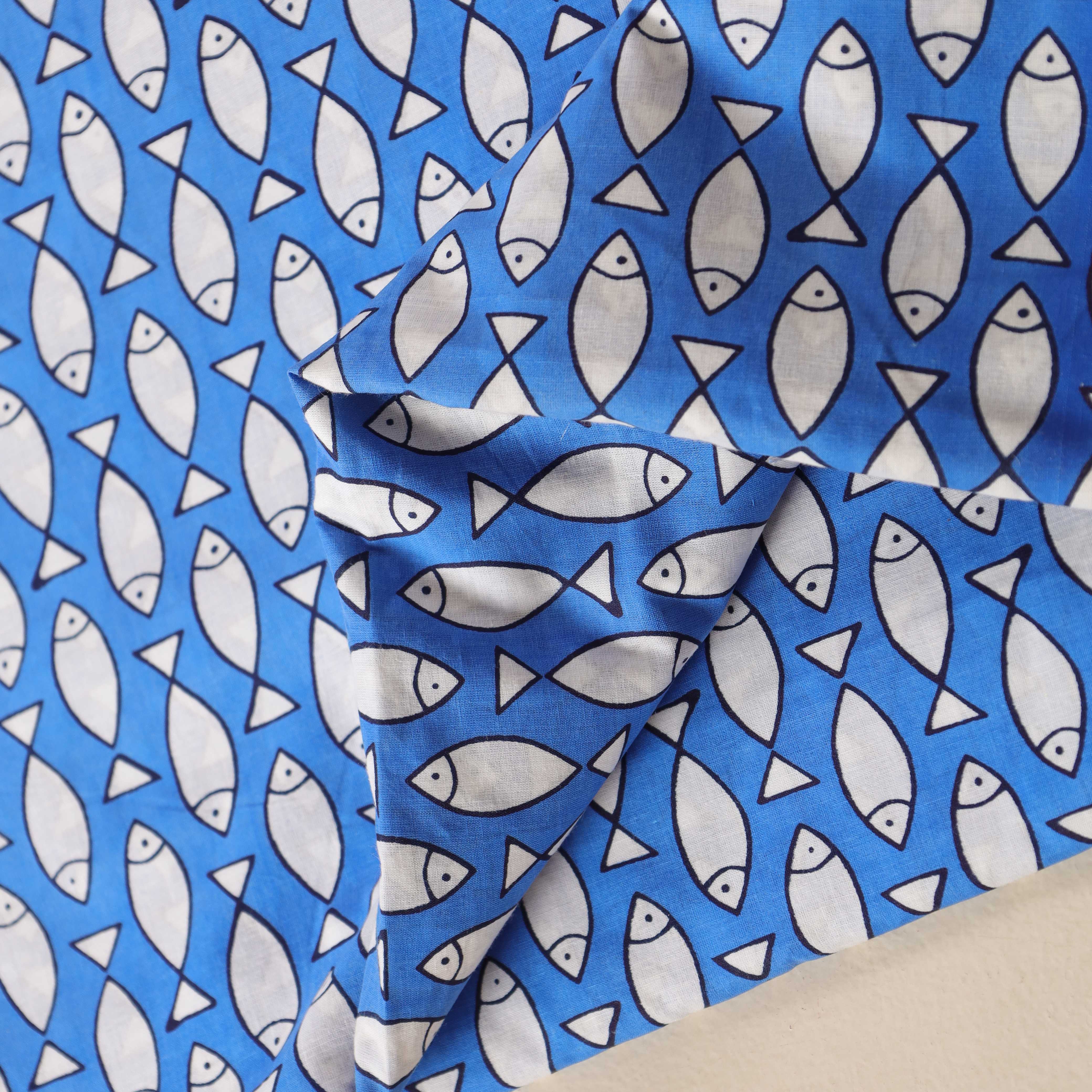 (1 Yard) Hand Block Printed Minimalist Fish Motif Cotton - Royal Blue