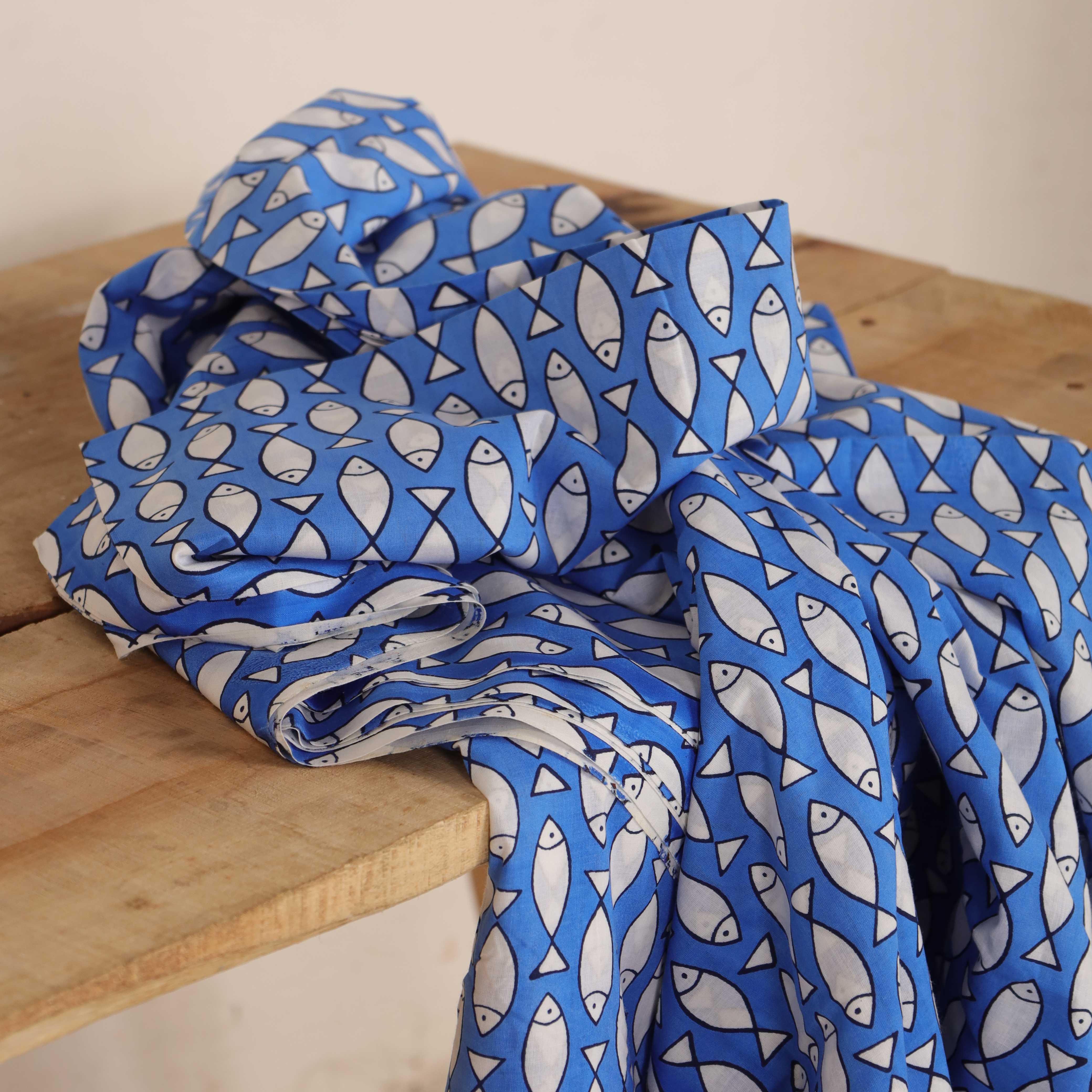 (1 Yard) Hand Block Printed Minimalist Fish Motif Cotton - Royal Blue