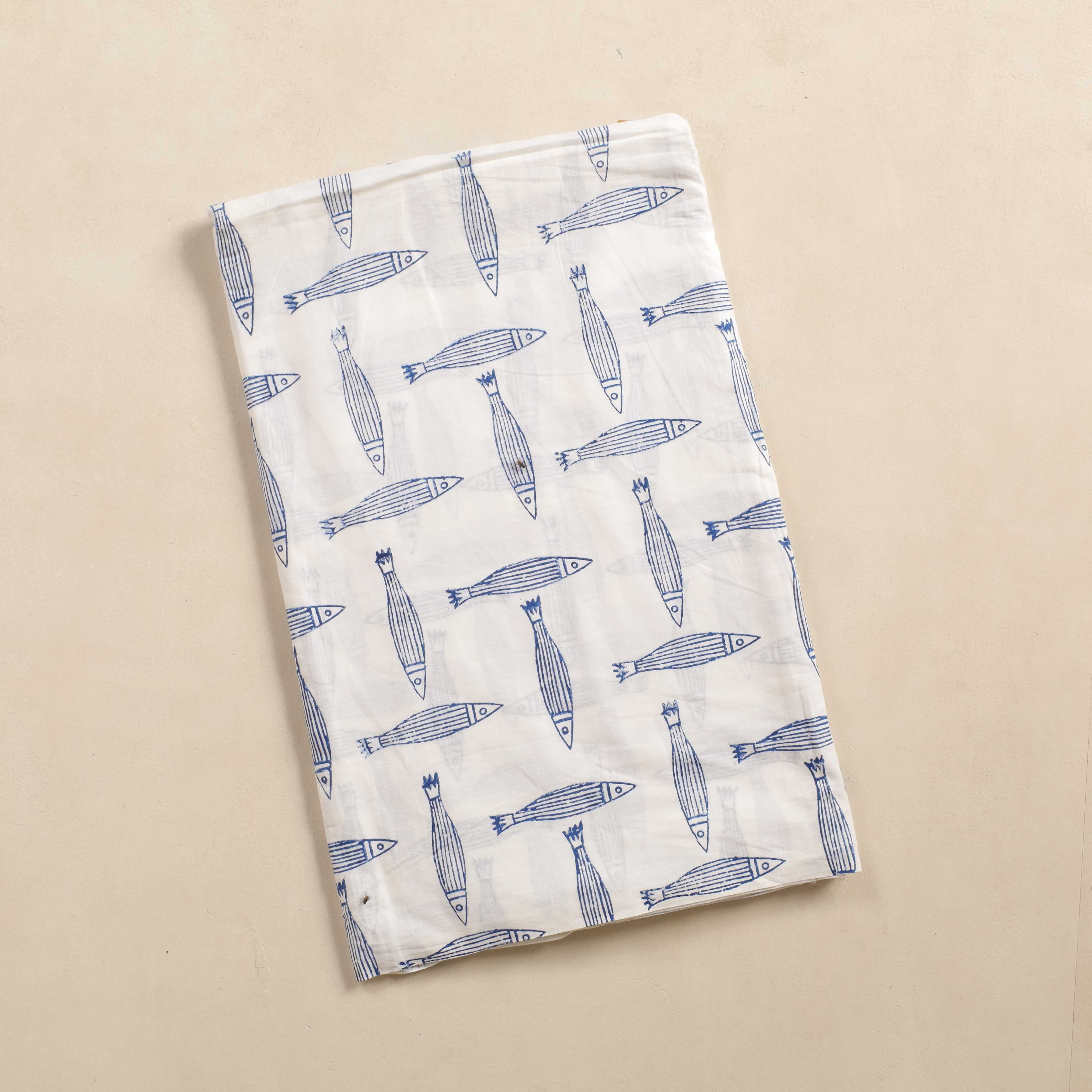 (1 Yard) Artisan Hand Block Printed Cotton Fabric - Ocean Life & Avian Collection