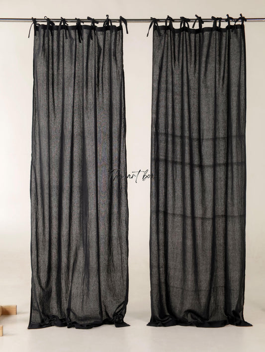 Black Cotton Tie Top Curtains- 2 Panel set