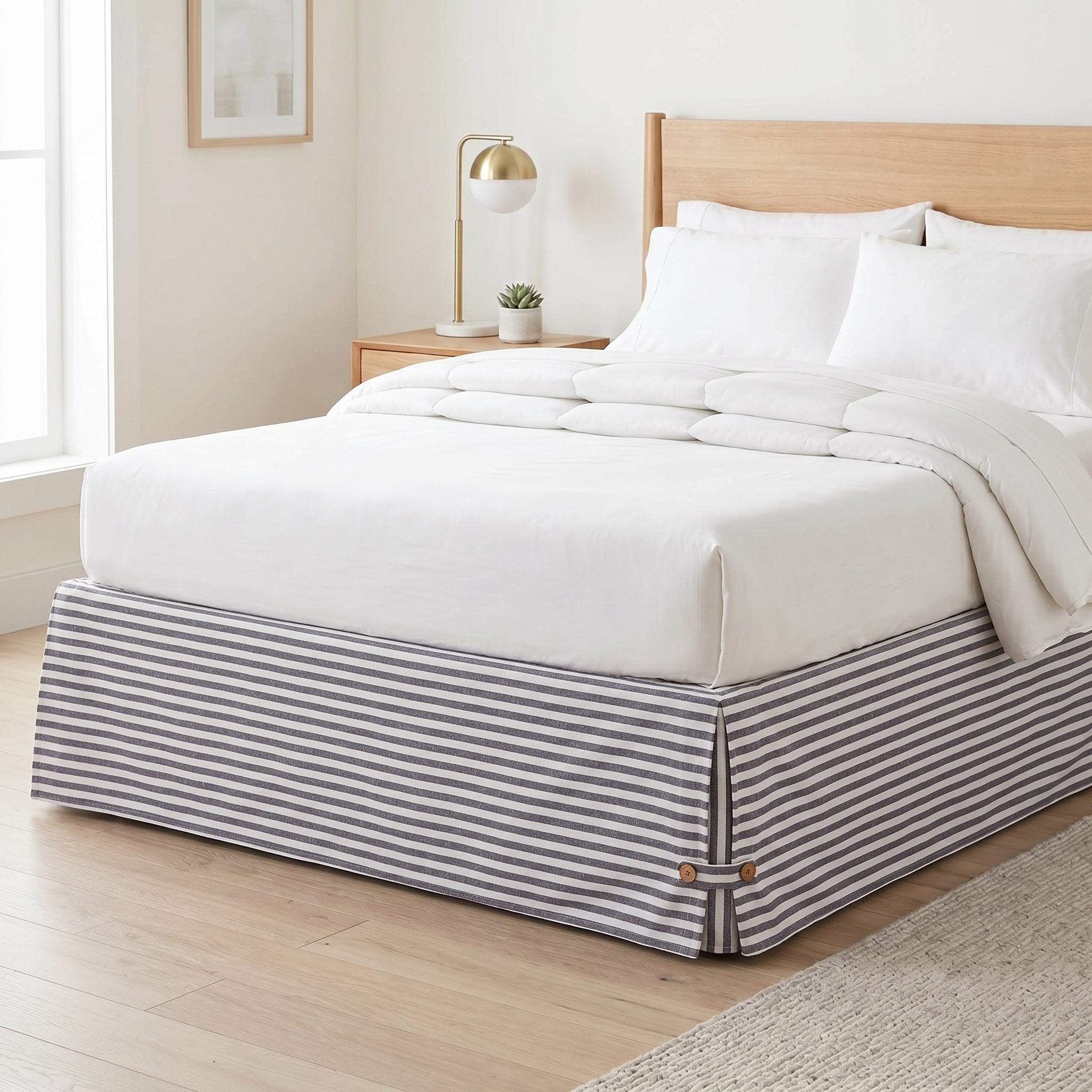 Classic Striped Tailored Bed Skirt with Button Detail – Premium Pleated Bed Valance