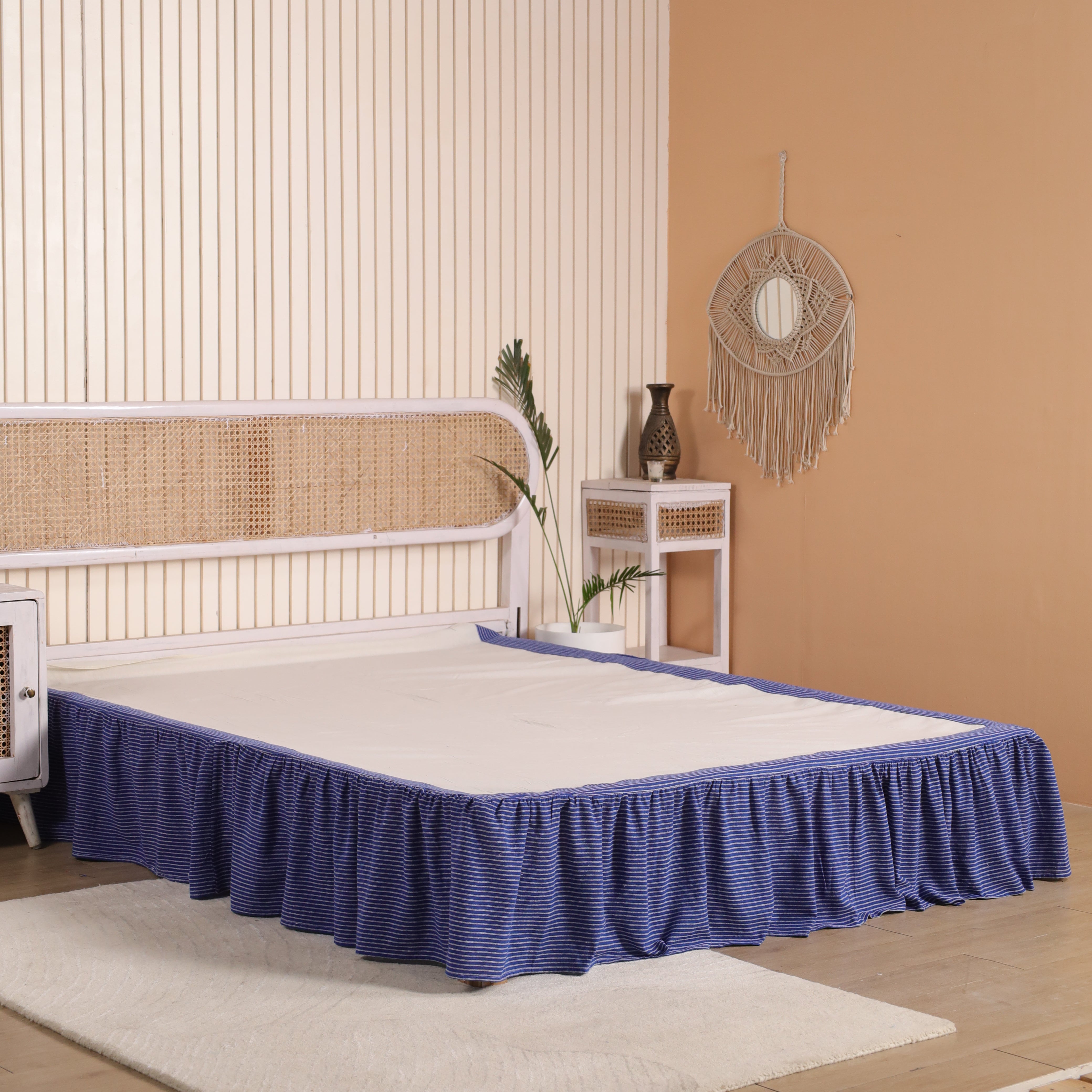 Boho Striped Ruffled Bed Skirt – Elastic Wrap-Around Gathered Bed Valance