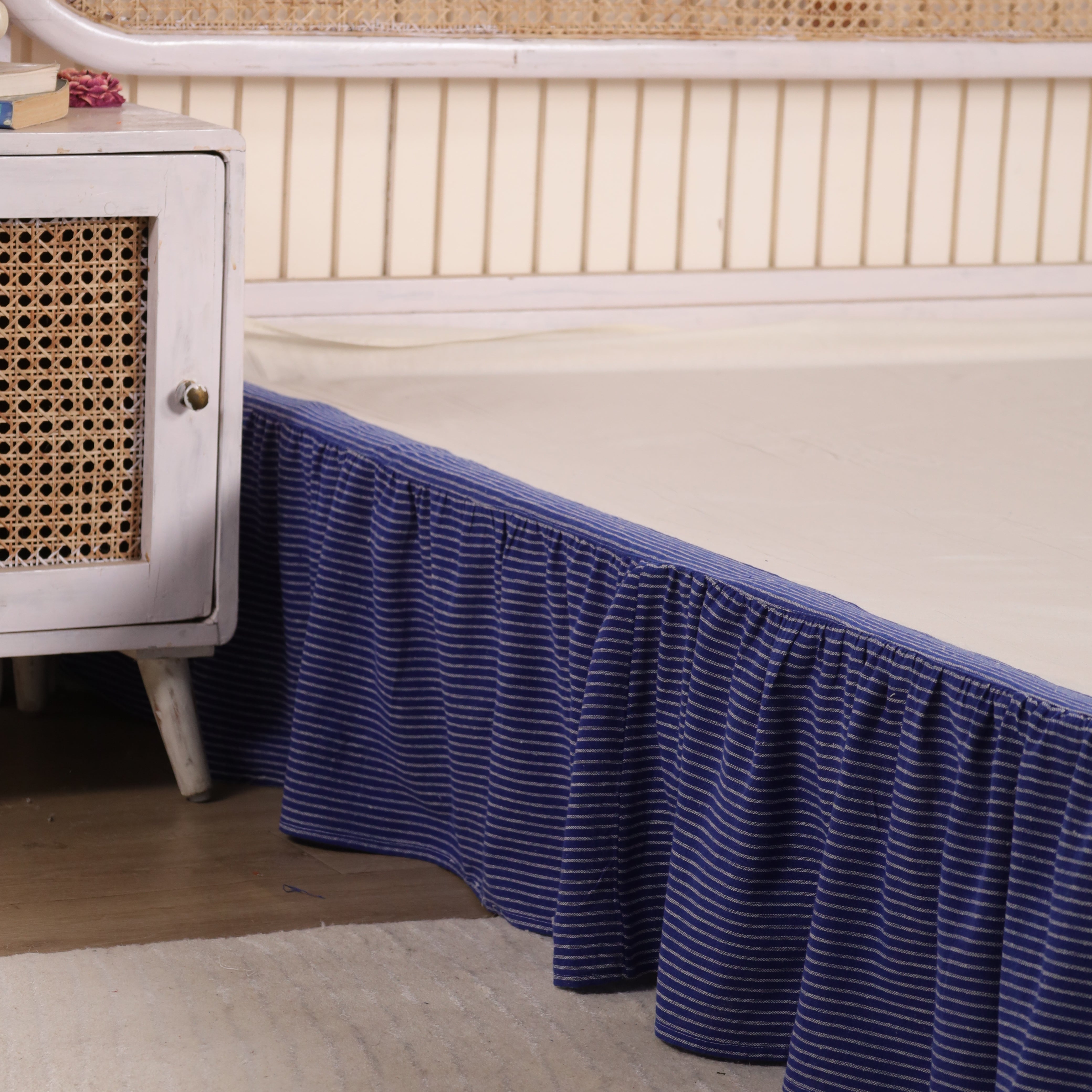 Boho Striped Ruffled Bed Skirt – Elastic Wrap-Around Gathered Bed Valance