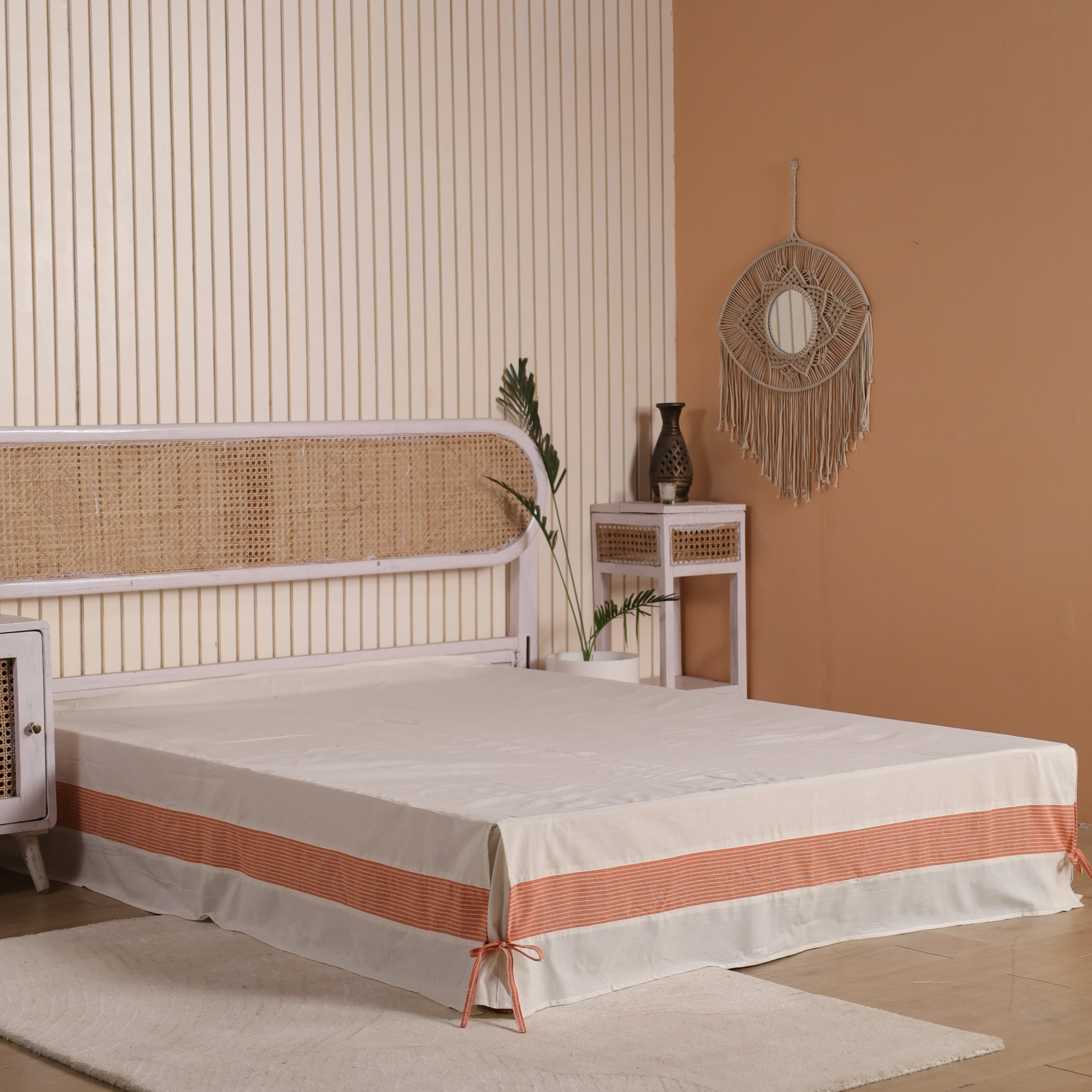 Minimalist Tailored Bed Skirt with Terracotta Striped Border – Split Corner Bed Valance with Side Ties