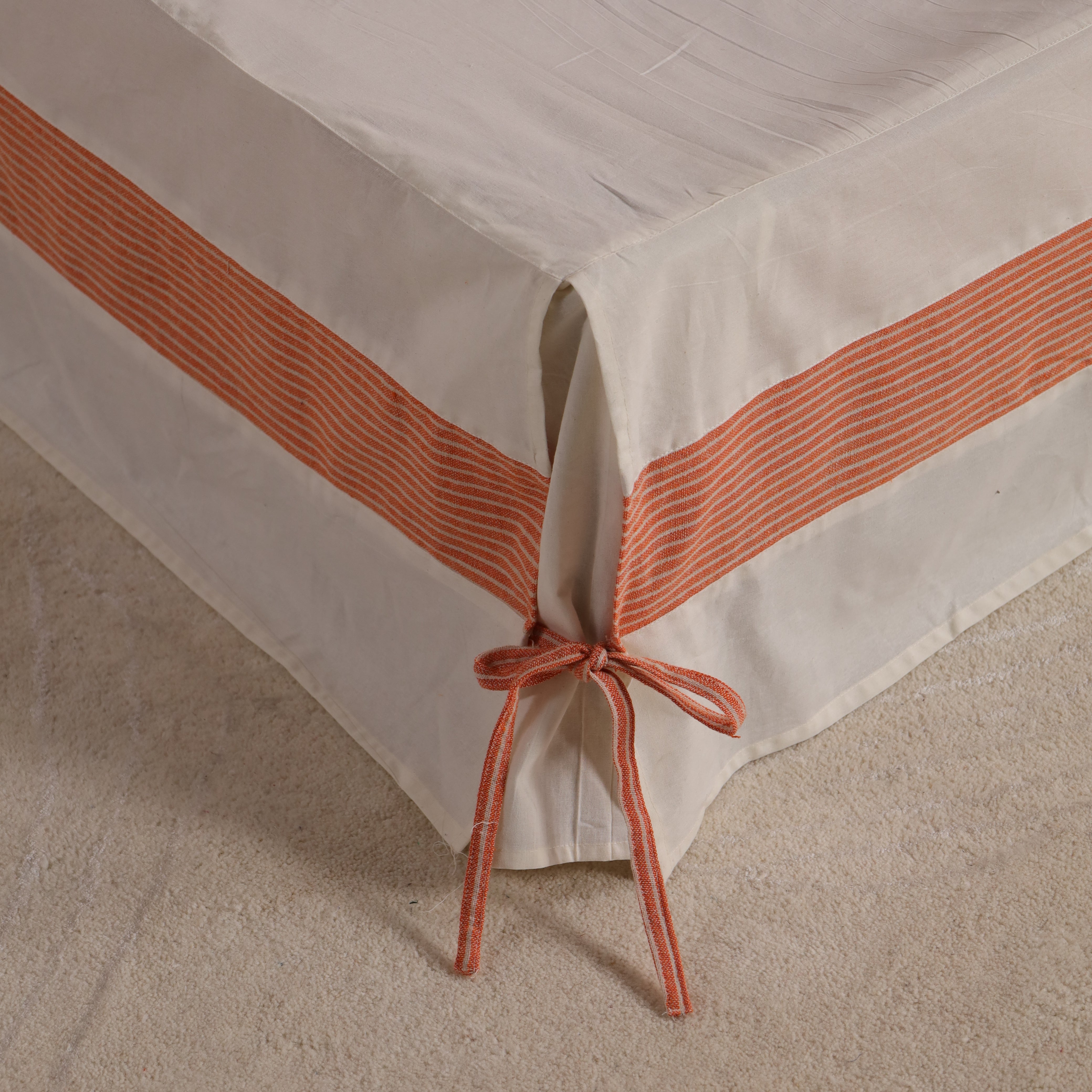 Minimalist Tailored Bed Skirt with Terracotta Striped Border – Split Corner Bed Valance with Side Ties