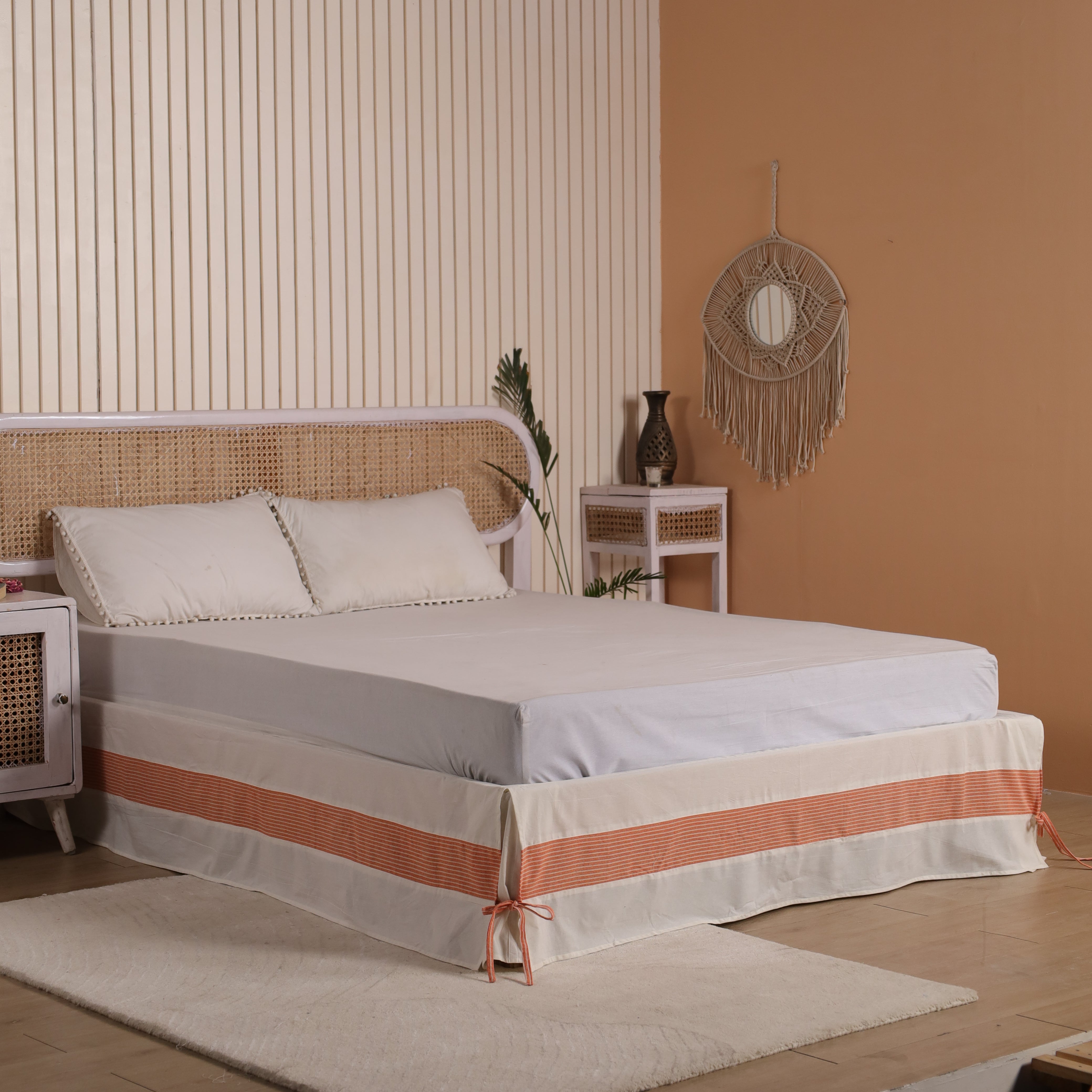 Minimalist Tailored Bed Skirt with Terracotta Striped Border – Split Corner Bed Valance with Side Ties
