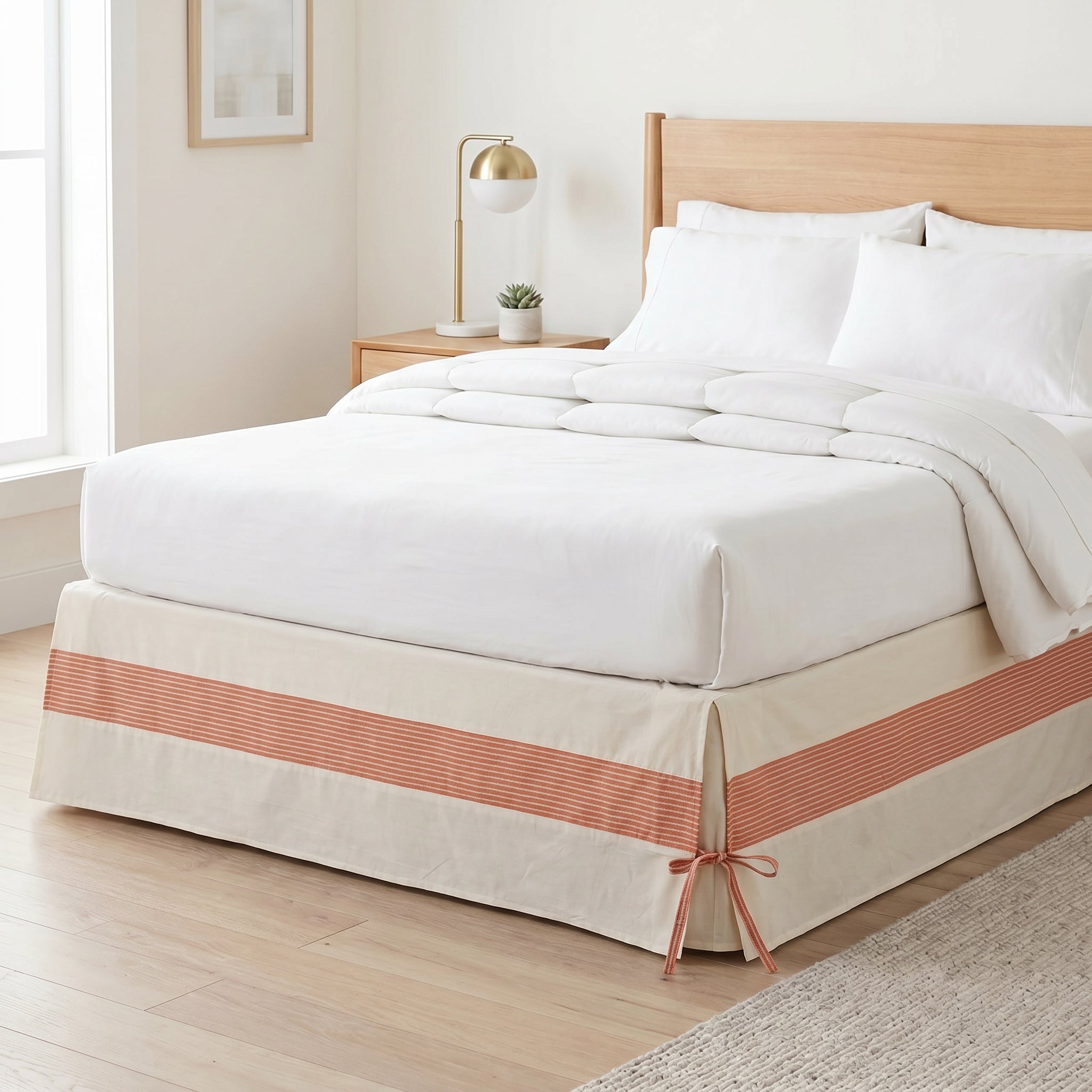 Minimalist Tailored Bed Skirt with Terracotta Striped Border – Split Corner Bed Valance with Side Ties