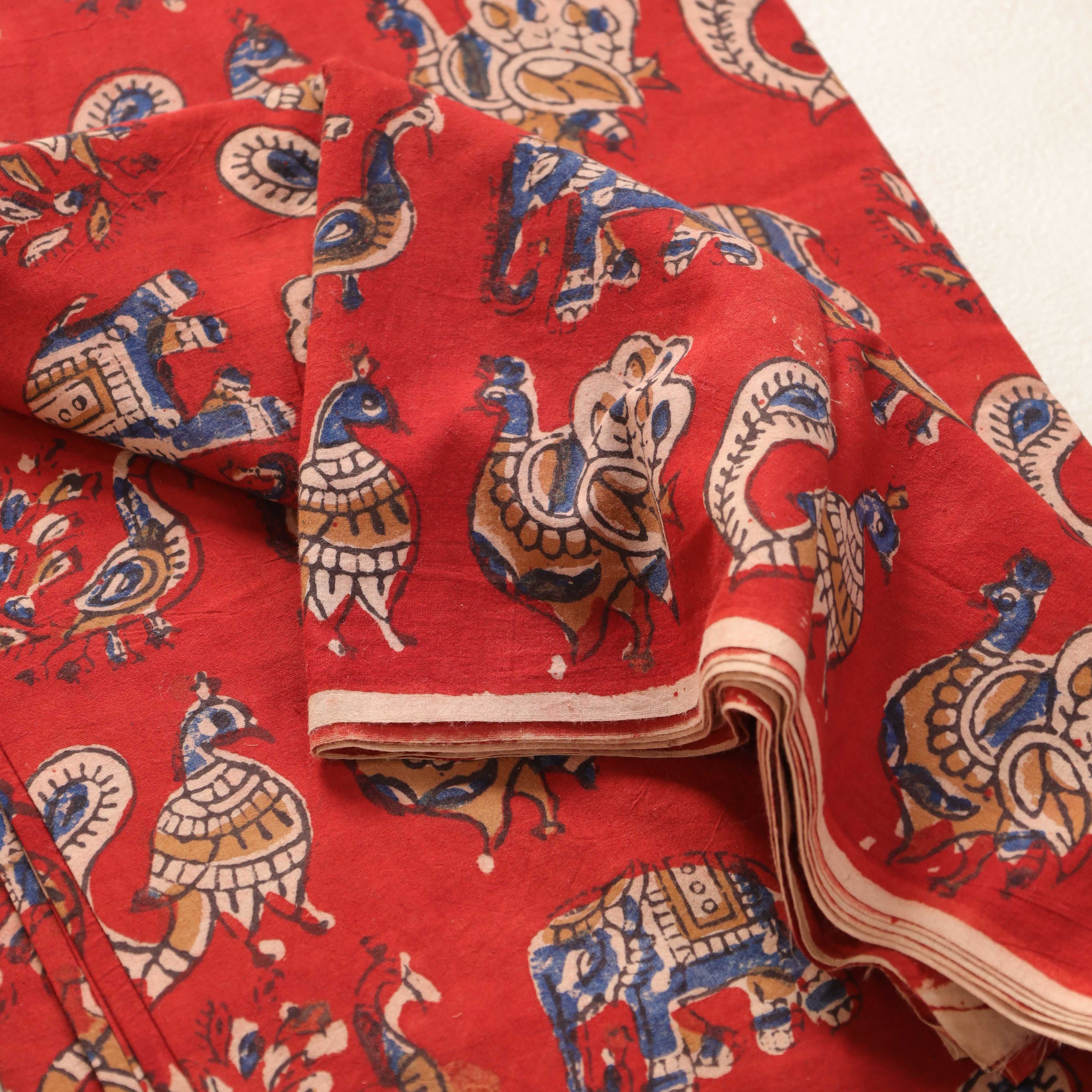 (1 Yard) Artisan Hand Block Printed Elephant & Peacock Cotton Fabric - Crimson Red
