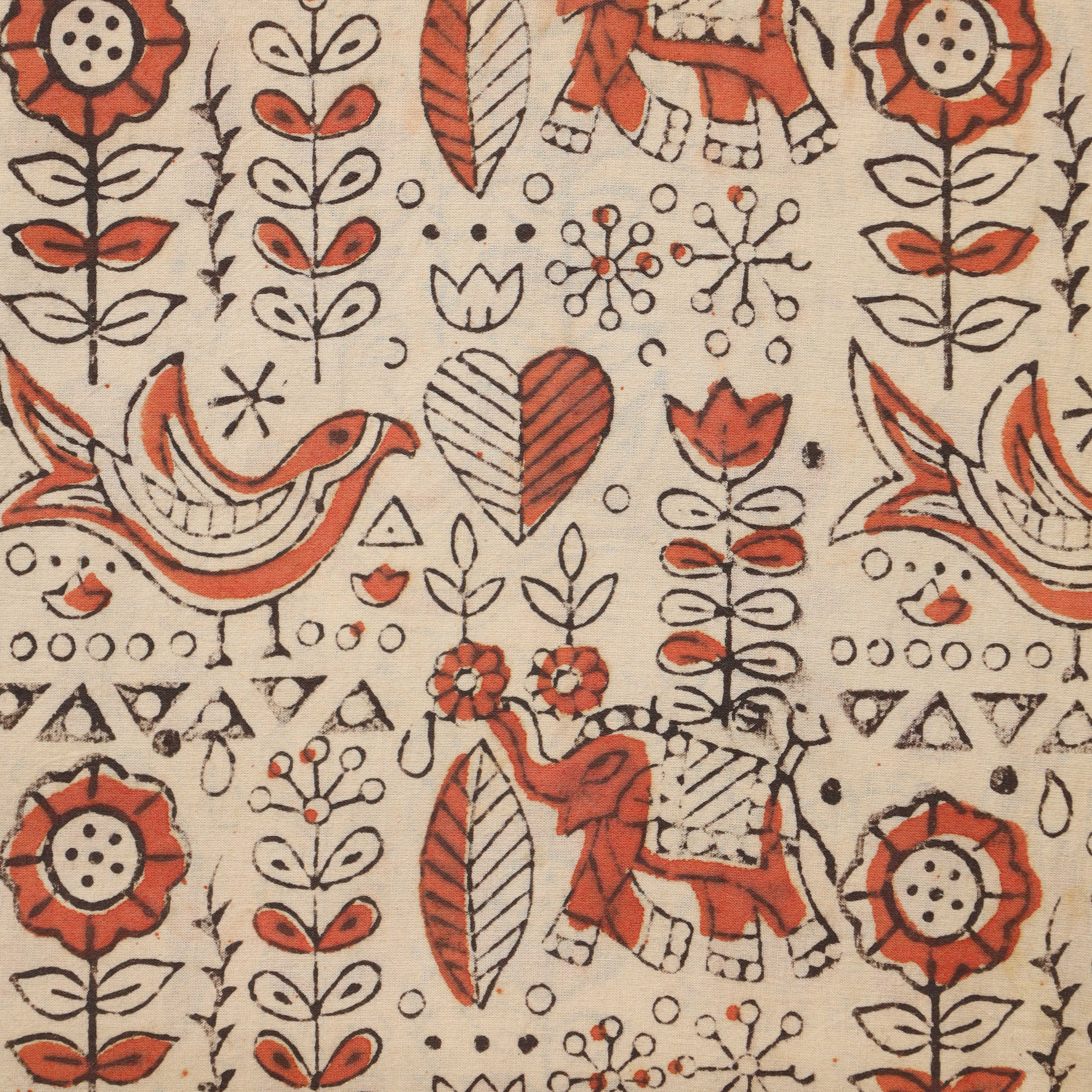 (1 Yard) Artisan-Crafted Hand Block Printed Cotton | Heritage Elephant & Floral Motif