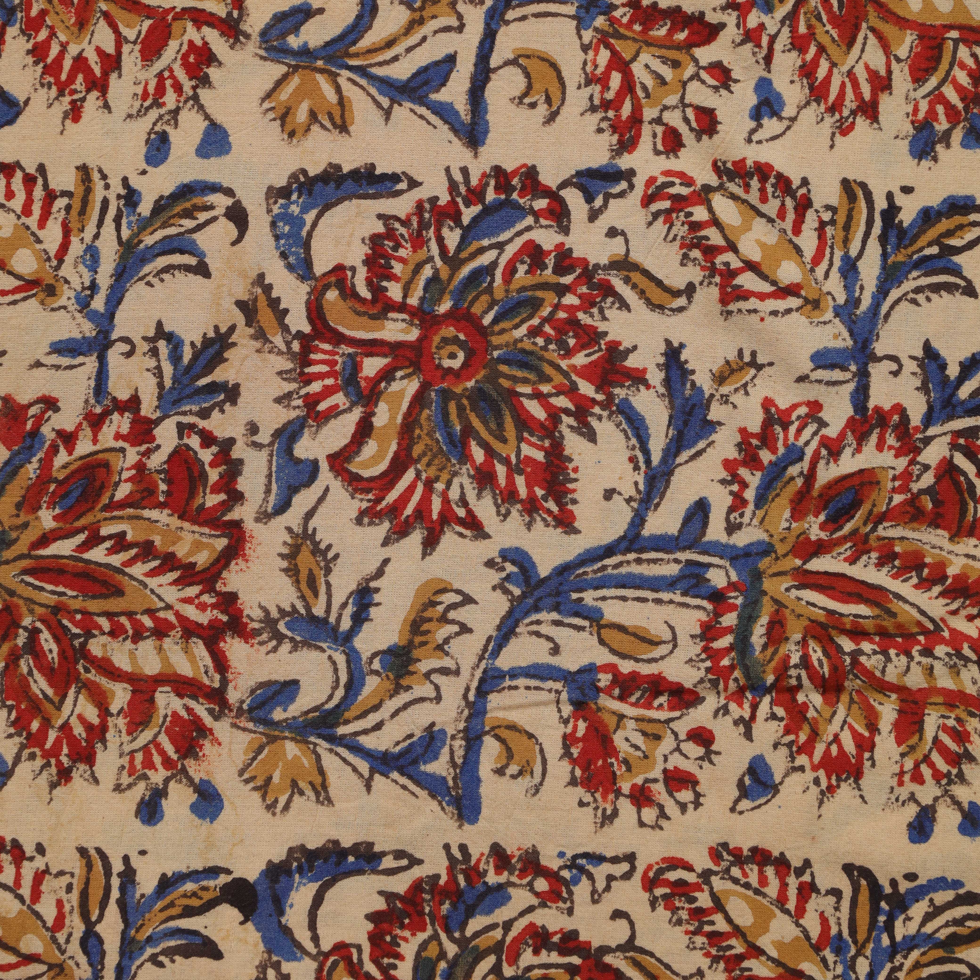 Artisan Hand Block Printed Cotton Fabric - Indigo & Madder Floral Motif