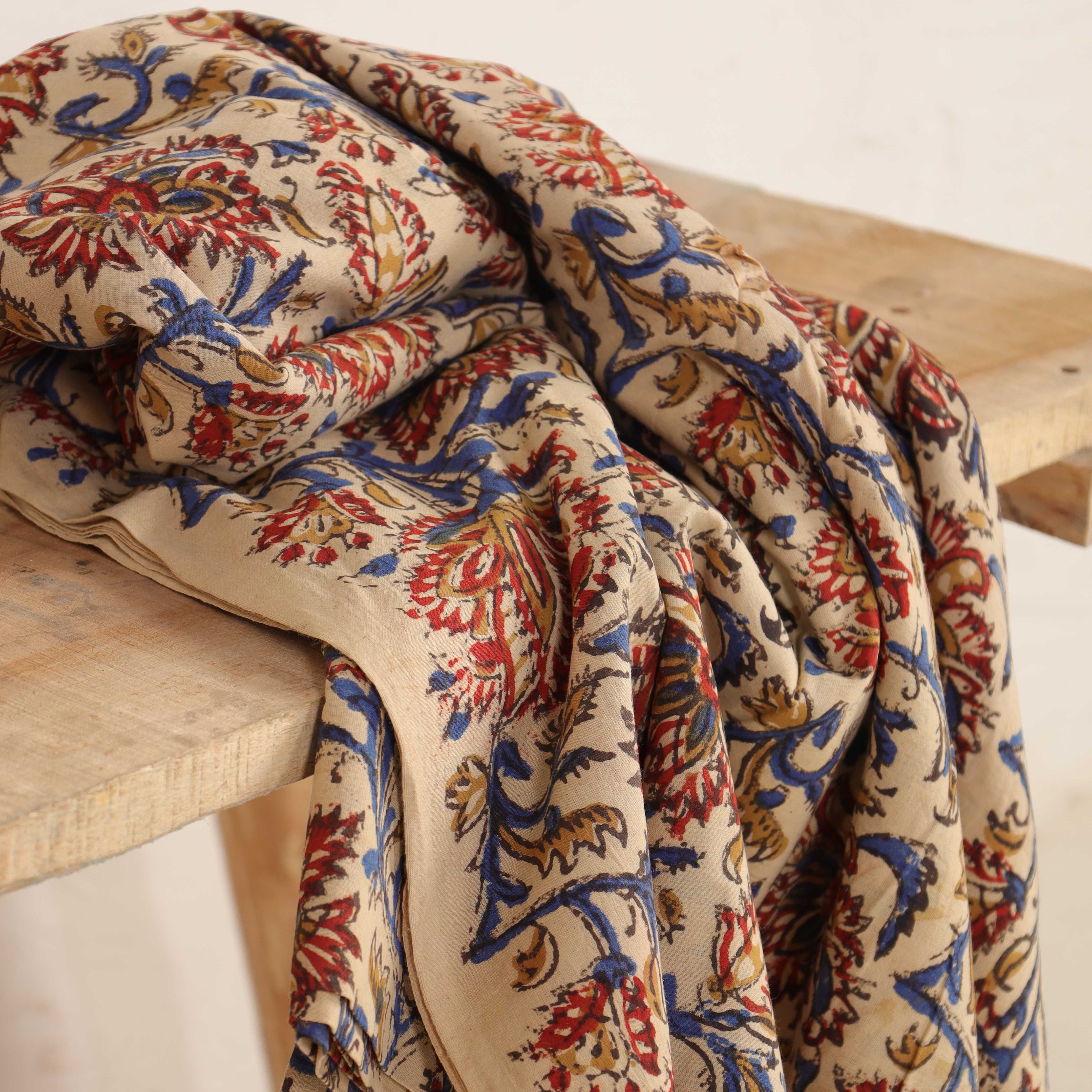 Artisan Hand Block Printed Cotton Fabric - Indigo & Madder Floral Motif